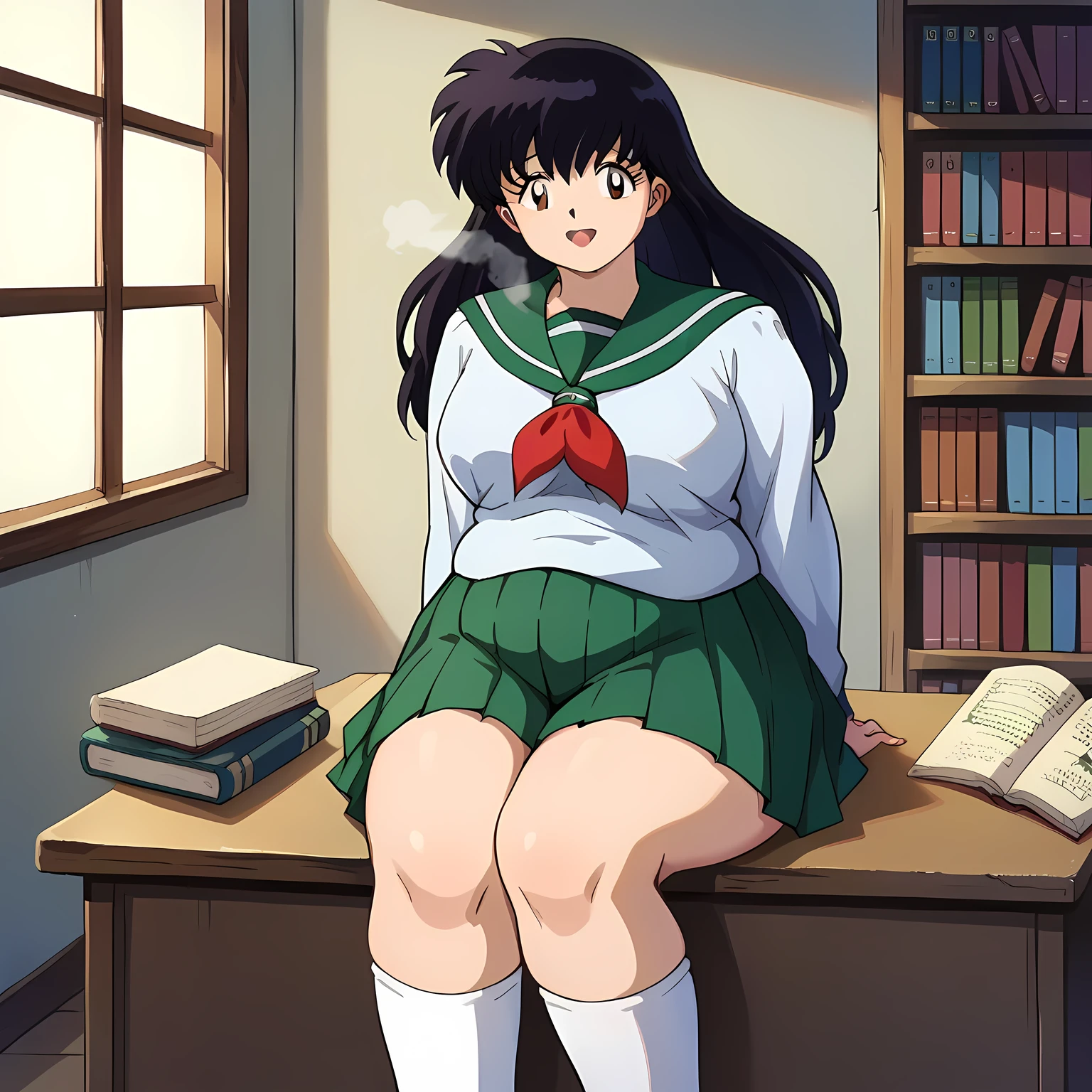 score_7, score_8_up, score_7_up, source_anime, 1girl, solo, looking at viewer, EPinKagome, black hair, brown eyes, long hair, detailed background, cowboy shot, indoors, pleated skirt, miniskirt, skirt,smiling, desk, homework, library, green sailor collar, loafers, sitting, shoes, white socks, long sleeves, serafuku, sailor collar, socks, neckerchief, school uniform, green skirt, arms behind back fat, chubby, obese, gigantic arms and legs, large breasts open mouth, out of breath