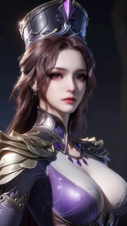 1 sexy goddess wearing sexy purple armor, armor with many intricate and sophisticated patterns, thin armor, deep slit shirt, long and silky purple hair, wearing purple silver spear hat, the most beautiful and detailed hair jewelry, beautiful little face thin eyebrows, the most beautiful and spotless face, ((black iris:0.8)), the very beautiful eyes, big round eyes, ((dark purple color eyes:1.1)), fine and detailed makeup eyelashes, high nose, wearing earrings, small red lips, rosy face, clean face, beautiful face without blemish, smooth white skin, ((big breasts: 0.9)), Blums , ((big and super round breasts:0.9)), ((super tight breasts:1.2)), ((breast augmentation: 0.8)), beautiful breasts, slim and petite body, ((thin waist: 0.9)), upper body of a beautiful girl, Hot and sexy petite body, sexy girl, skirt, 8k photo, super high quality, super realistic, 10x super pixels, photo realistic, dark studio, border light, two tone light, (detailed skin high: 1.2), 8k uhd, dslr, soft light, high quality, volumetric light, candid, Photo, high resolution, light, best photo, 4k quality, 8k, Bokeh, Smooth and sharp, pixel up 10 times, (background space: 1.8), (galaxy: 1.7), aurora, lightning, super graphics, the most realistic graphics,(Aurora Background: 1.8), alone, solo, portrait 9:16, Extremely sharp, super realistic images,