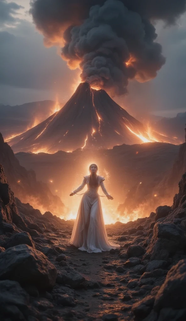 The main character Volcanic Eruption 、 beautiful female salamander、 Salamander standing in a crater looking down 、grin、Look down、 A very high mountain erupts、