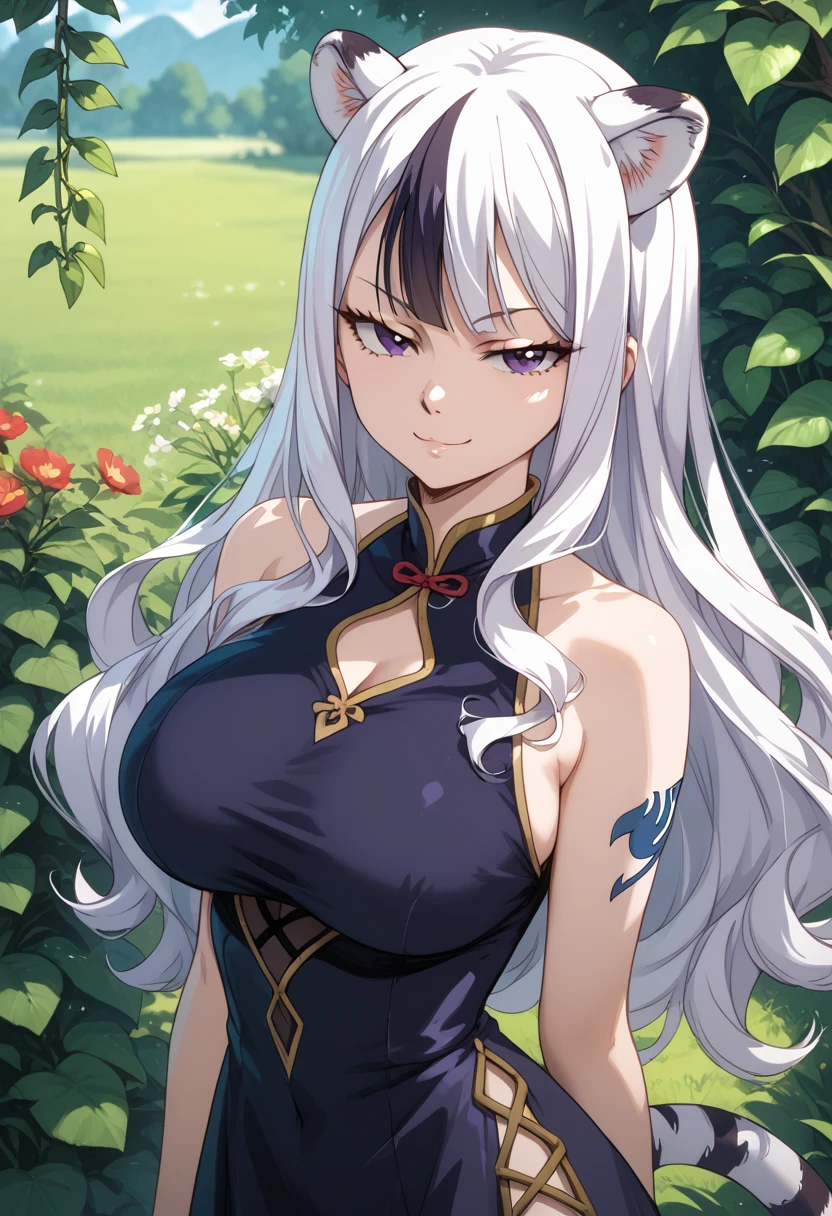 masterpiece)), 1girl, solo, long hair, white hair, multicolored hair, white tiger ears, white tiger tail, open eyes, purple eyes, half-lidded eyes, purple dress, black dress, multicolored dress, sadistic smirk, looking at viewer, sexy pose, standing, large breasts, Fairy tail art style. 