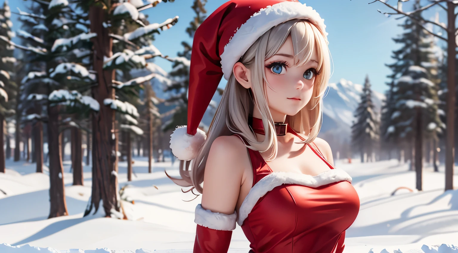 ((best quality)), ((masterpiece)), (detailed), perfect face, ((Big tits)), asian girl, red christmas outfit, lingerie, stocking, xmas, beautyful face, ((stocking)), ((she wearing a red mask)), high heels, ((she wearing a red hood)), ((blonde straight hair)), ((detailed eyes)), it is snowing in the background, (one snowman in the background)
