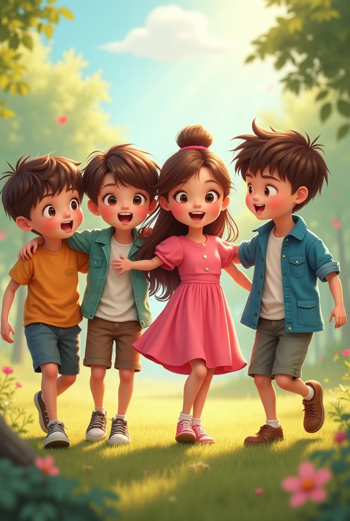 A 2 boy talking to a 2 girl 