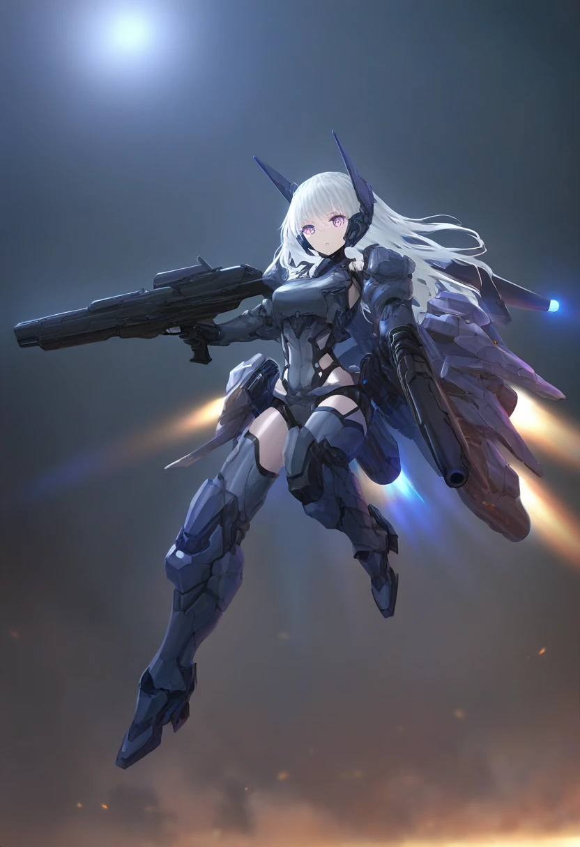 masterpiece, best quality, illustration, science fiction, scenery, 1girl, mecha musume, floating, fighting stance, skinny, messy hair, glowing narrowed eyes, machinery, exoskeleton, strapless highleg leotard, large meha arms, armored boots, headgear, huge weapon, thrusters