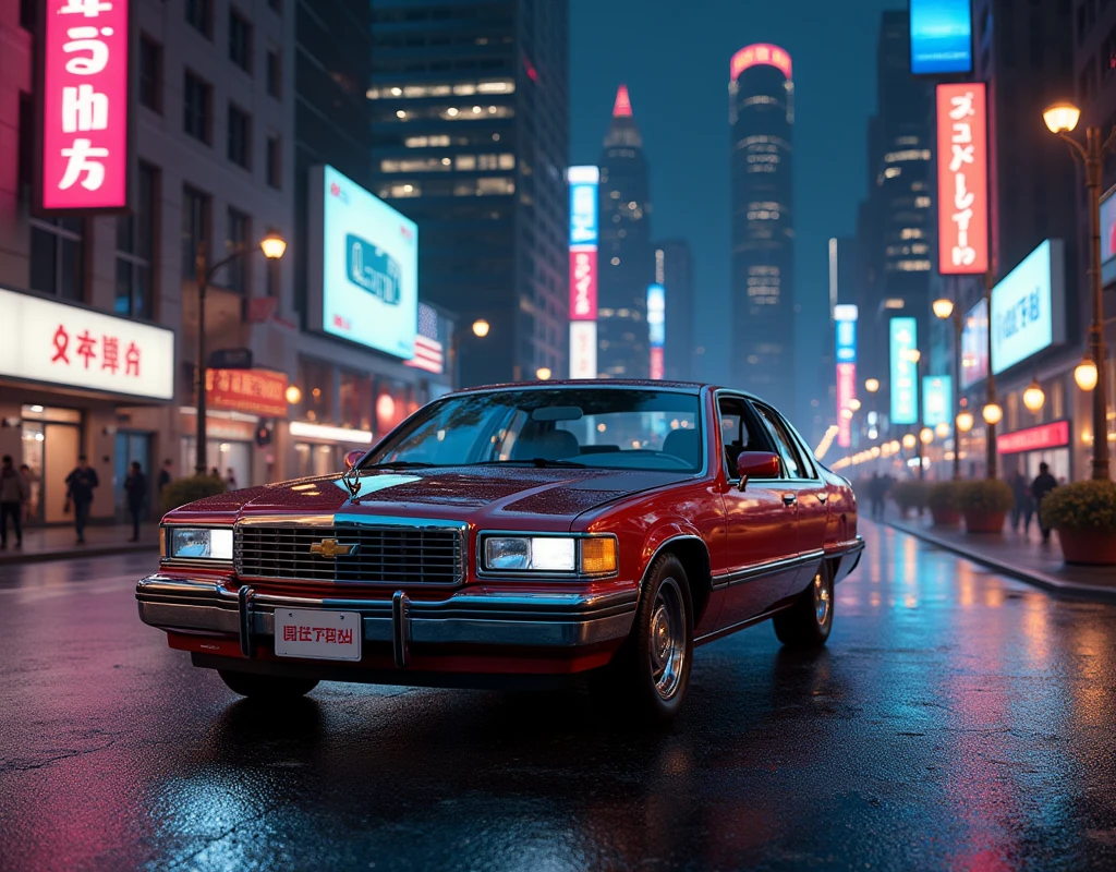 1996 impala, parked in the middle of a lit street, tall buildings, lit buildings, city life, night life, camera is focused on the car, various angles. 