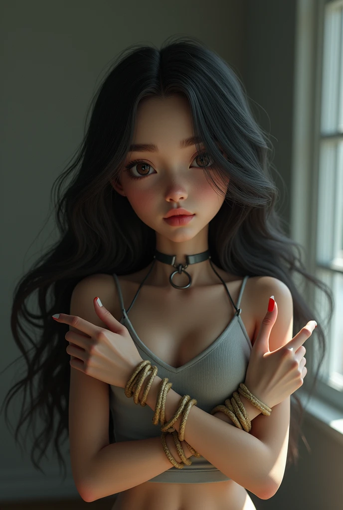 1girl 13 year old, solo, long hair, small breasts, looking at viewer, brown eyes, jewelry, necklace, off shoulder, , skinny, lips, realistic, nose, flirting with camera, cleavage, perfect eyes