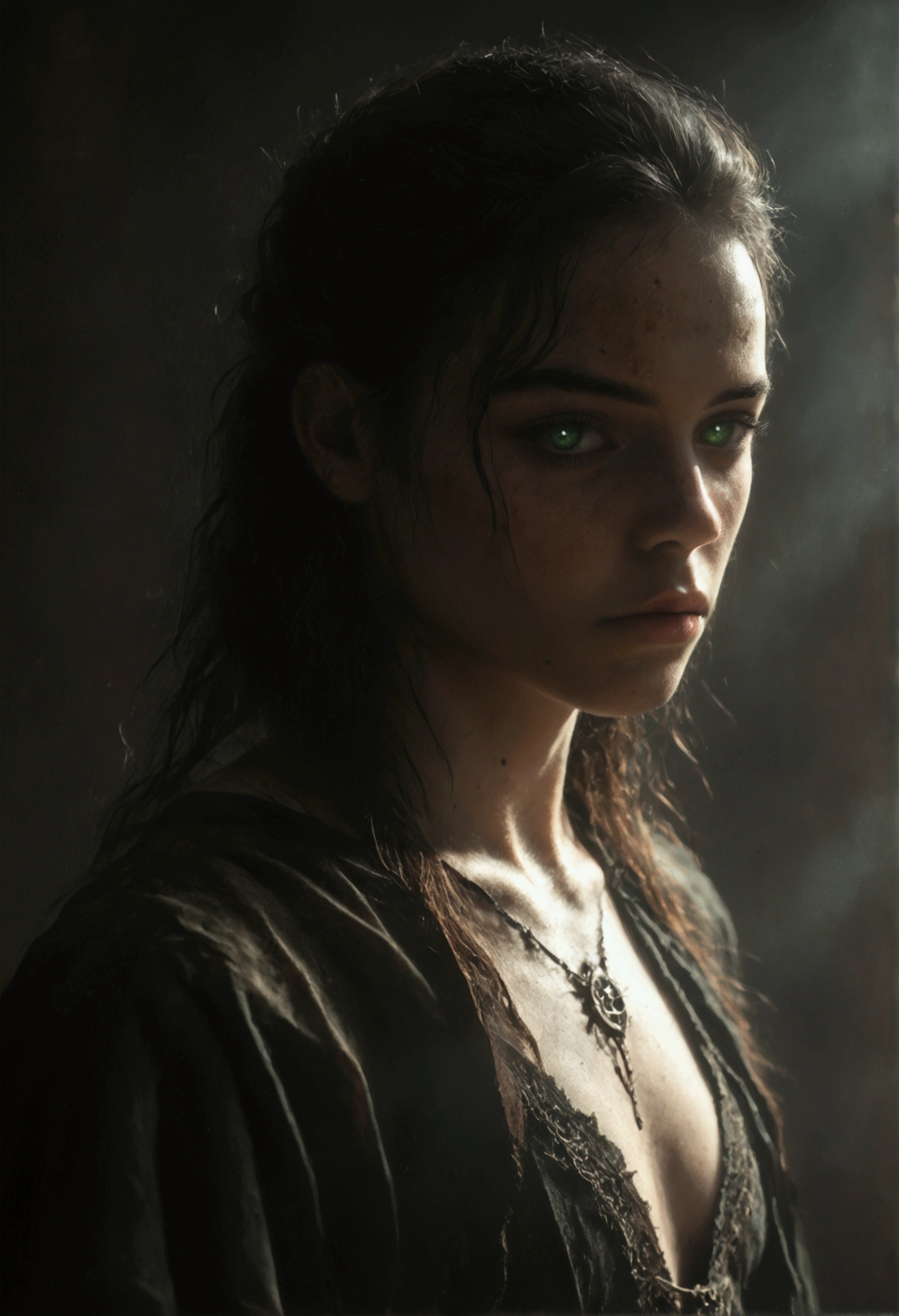 a lean man, sorcerer, black hair, fantasy, empty background, green eyes, detailed portrait, dark brooding expression, dramatic lighting, chiaroscuro, cinematic composition, high contrast, moody, atmospheric, mystical, occult, arcane, powerful, intense gaze, intricate details, realistic skin texture, sharp focus, 8k, masterpiece, photorealistic