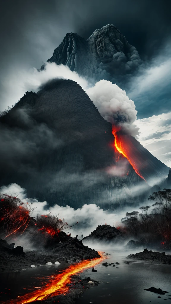 8K,best quality,masterpiece,ultra high res,award winning,raw photo,majestic eruption of merapi mountain,black clouds,flowing magma,swirling dust and debris,ultra detailed,depth of field,dramatic lighting,cinematic composition,epic scale,realistic textures,vivid colors,awe-inspiring