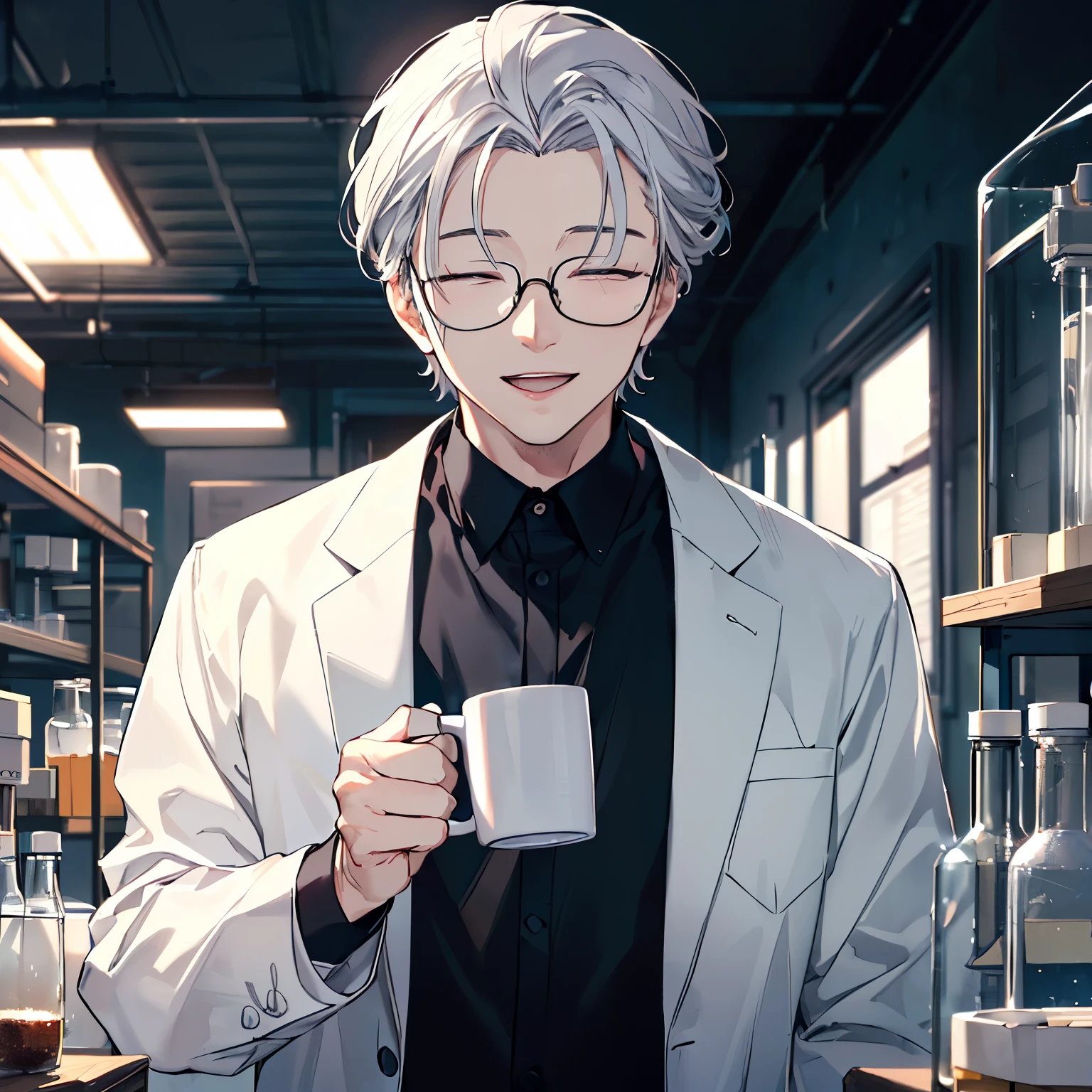 ((benevolent)), (gentle smile, slightly open mouth), 1 male, (upper body), (((closed eyes, ((tareme))))), ((forehead)), (gray hair), (white coat), cinematic lighting, dramatic lighting, Sharp Focus, (Best Quality, masterpiece, detailed, facial focus), (in the laboratory), researcher, glasses, holding a mug, [old man, elderly]