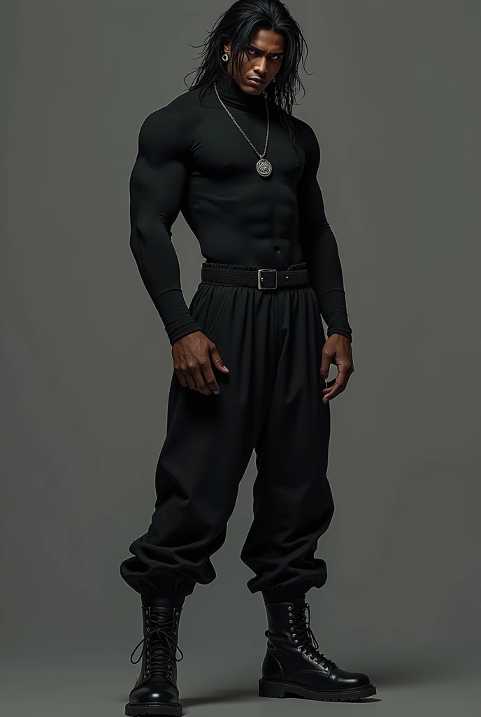 create a album cover with an athletic black young man, his hair is mid-length, curly and blonde with platinum highlights.
His face is youthful and sassy, he's wearing lipgloss on the thick lips. His outfit is futuristic and platinum with silver reflective vinyl, he's wearing a crop top with oversized baggy daddy pants, platinum overcoat and black combat boots. He's holding a harmless knife.