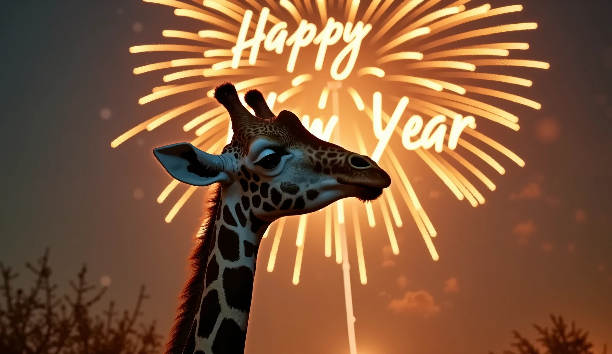 View of a giraffe watching fireworks from behind Photo SLR camera 24mm