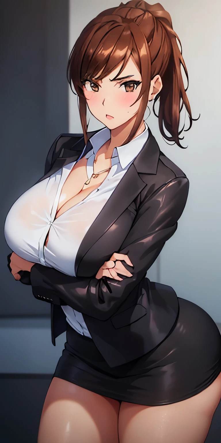 1 Female,High definition,high resolution,Ultra-realistic,8K, (Black_formal_jacket:1.3),(White_collared_shirt), jewelry, (Black_pencil_skirt), ring, cleavage,ponytail,(brown_hair:1.3), Bangs,brown eyes,short hair, large breasts,European,sexy,Photographed from the front,Dynamic Angles,(blush), (medium tits) ,(crossed arms),full body,(wide thighs:1.3),(from behind),(huge ass),(show ass), cleavage , standing , blush 