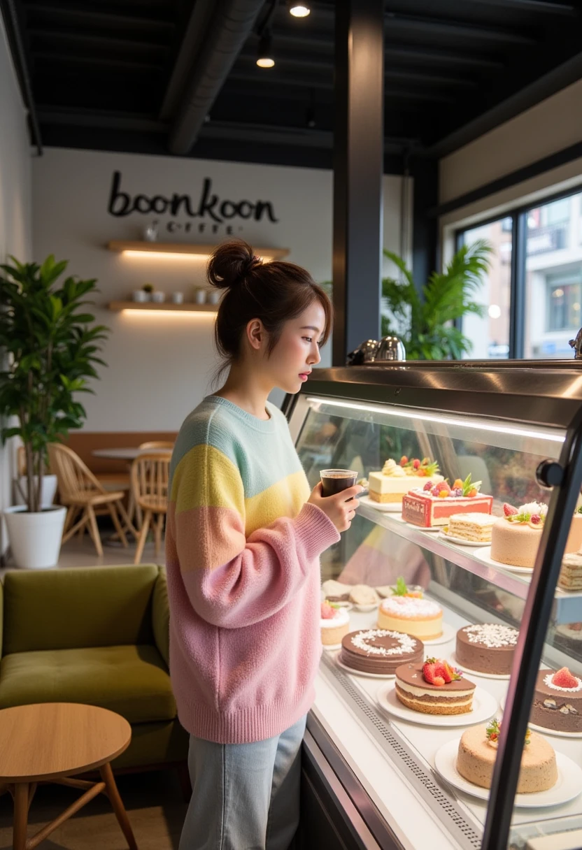 Generate an image of a  a young woman with dark brown hair tied up in a high bun. She is wearing an oversized pastel rainbow-striped knitted sweater. The colors are soft and gentle,including light pink,light yellow,light orange,light blue,and light purple with a smooth gradient. The sweater's texture appears fluffy and three-dimensional. She's holding a cup of dark drink. The lighting is soft and gentle.,
modern loft-style coffee shop that is luxurious and warm. The room has high ceilings with a black ceiling decorated with black steel structures.  a large stainless steel cake display case. The base is made of polished silver stainless steel with wheels underneath. The case itself is made of thick,clear glass,showcasing multiple layers of cakes.  The cakes are vibrant and varied in color,including chocolate,strawberry,vanilla,and more,with beautiful fruit and cream decorations.  Internal lighting illuminates the cakes,
Light gray walls with handwriting text "BoonKoon Coffee ",contrast with light brown wood walls. There are dark brown wooden shelves attached to the walls and ceilings,decorated with various green plants. The furniture is in warm light brown and olive green tones. A large olive green sofa,natural rattan chairs,round and rectangular coffee tables,a white-warm-toned spherical chandelier,soft lighting,dark brown wood floors. The atmosphere is calm and relaxing. Sharp details,realistic lighting and shadows. The image must have a balance of colors and composition. Make the image look realistic,like a photograph.,