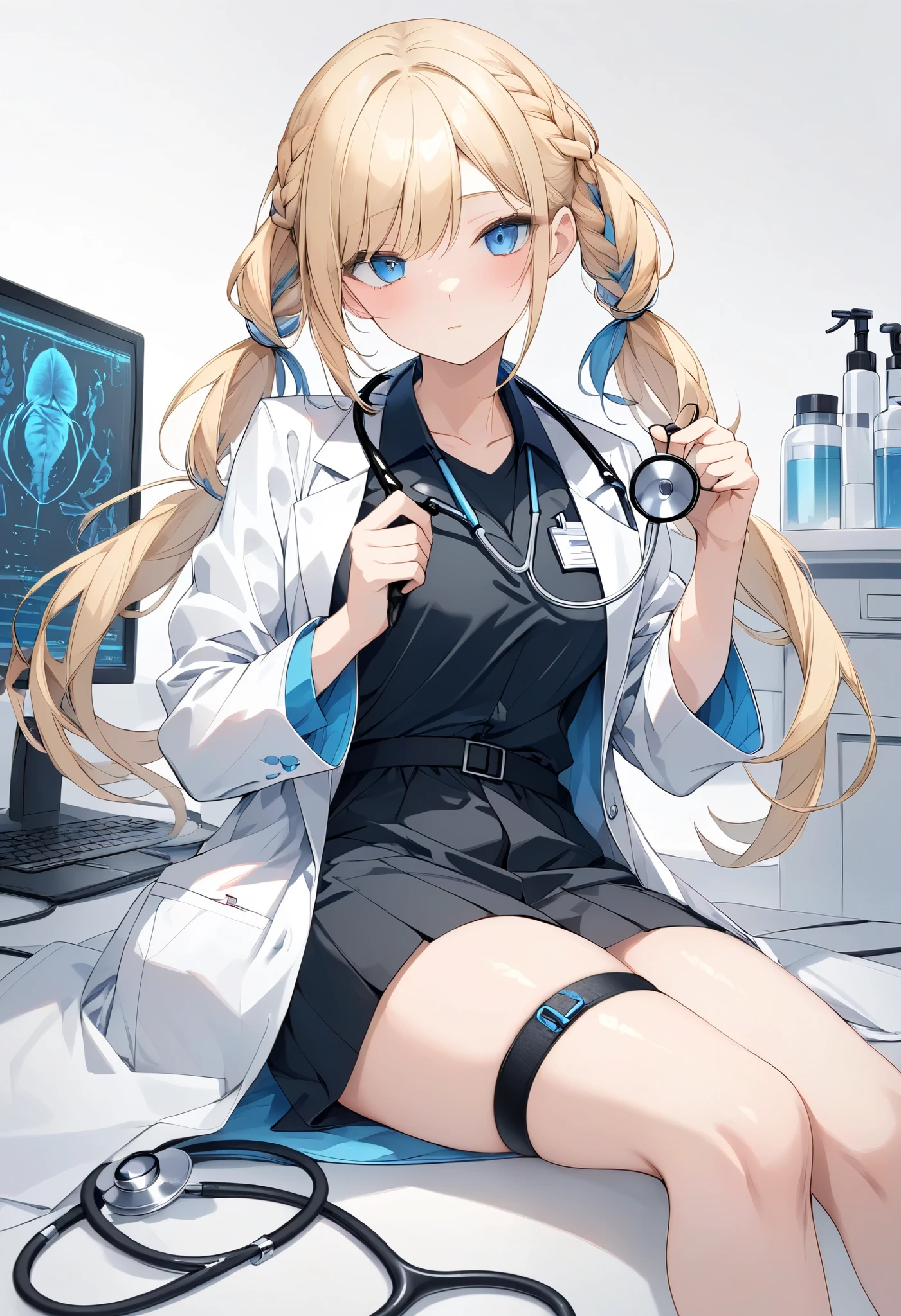 Minimalism,Crosshatching,best quality,highly detailed,1girl,long blonde hair,blue inner hair,braided pigtails,blue eyes,white lab coat,black shirt,medical theme,holding stethoscope,blushing expression,striped thigh straps,simple white background,clean composition,professional and soft atmosphere
