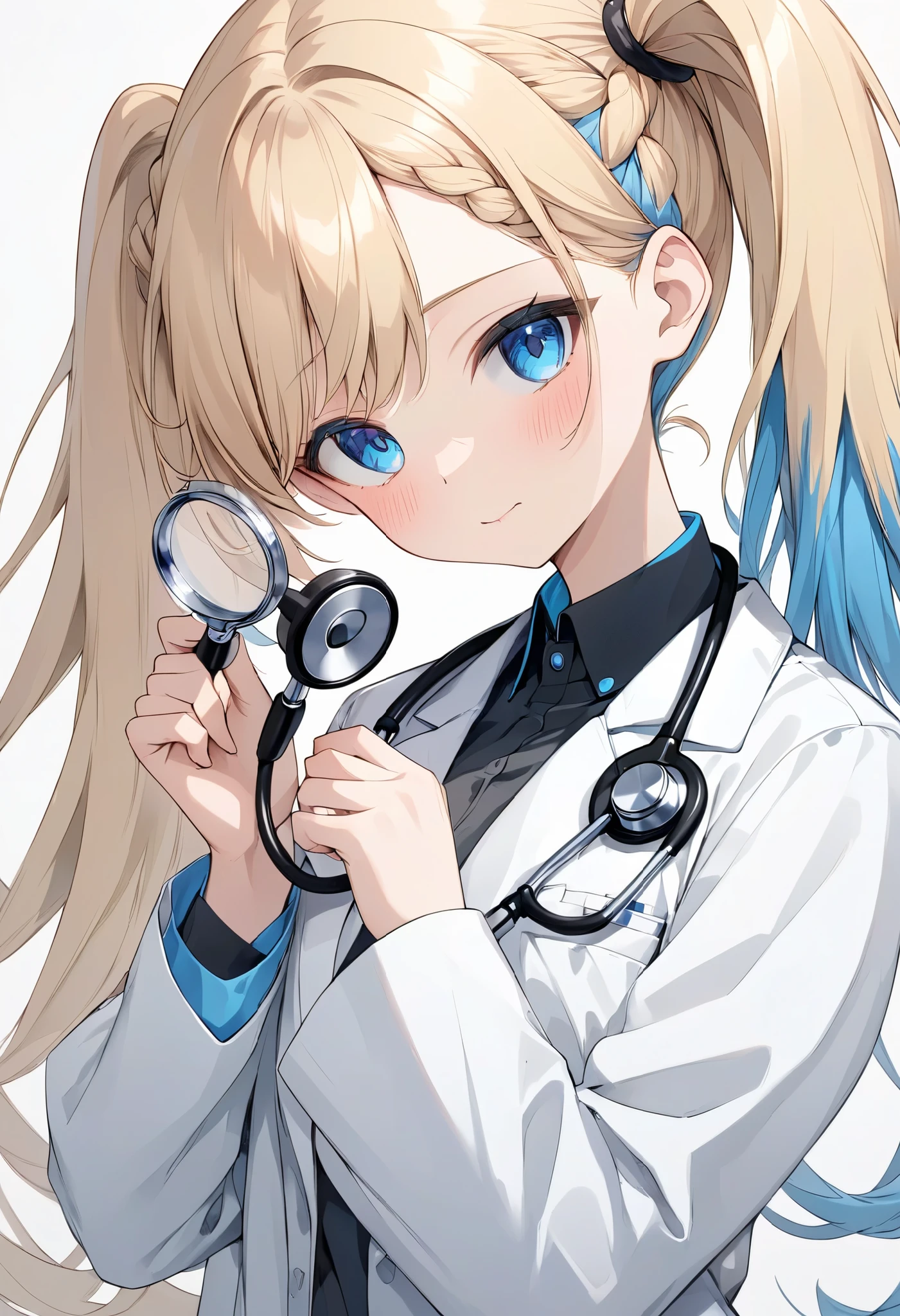 Minimalism,Crosshatching,best quality,highly detailed,1girl,long blonde hair,blue inner hair,braided pigtails,blue eyes,white lab coat,black shirt,medical theme,holding stethoscope,blushing expression,striped thigh straps,simple white background,clean composition,professional and soft atmosphere
