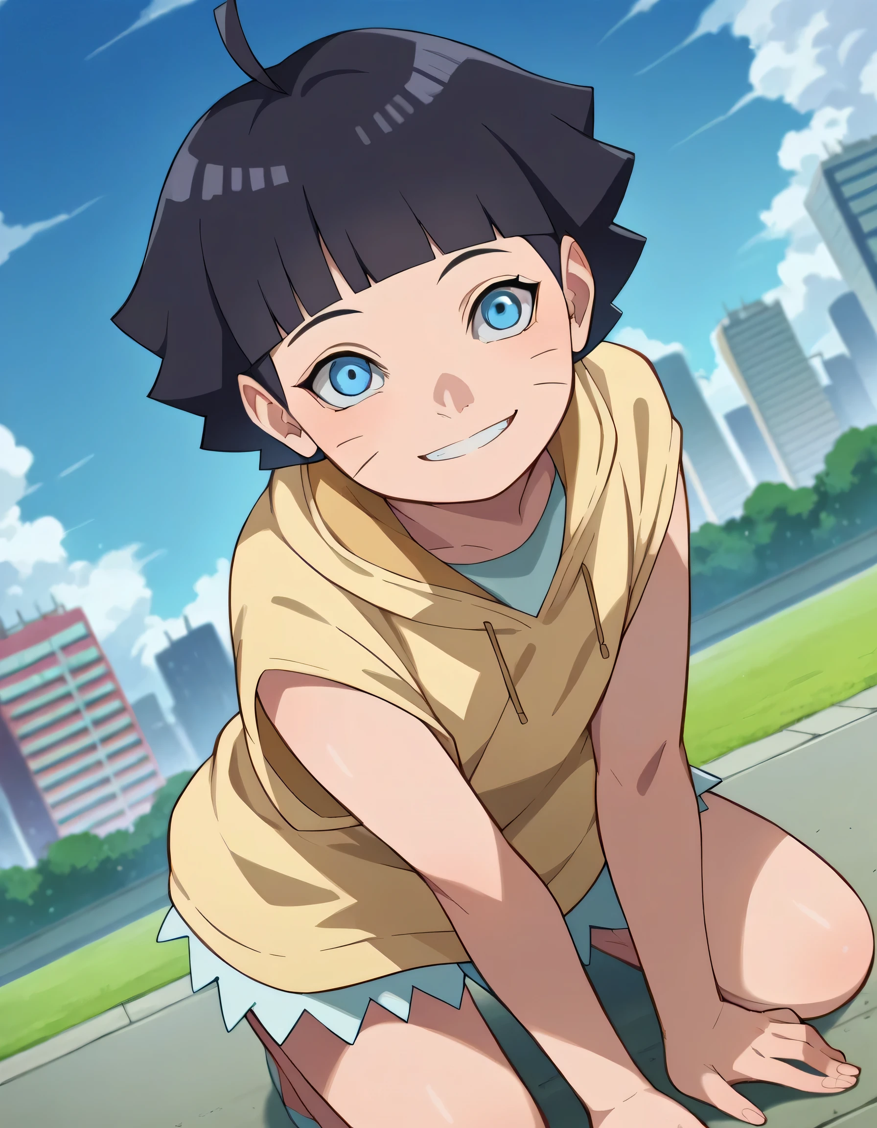 score_9, score_8_up, score_7_up, source_anime,
himawariuzumaki, himawari uzumaki, short hair, bangs, blue eyes, black hair, blunt bangs, facial mark, whisker markings, ahoge kneeling nakede
outdoors, cityscape, smile,
looking at viewer, dutch angle,