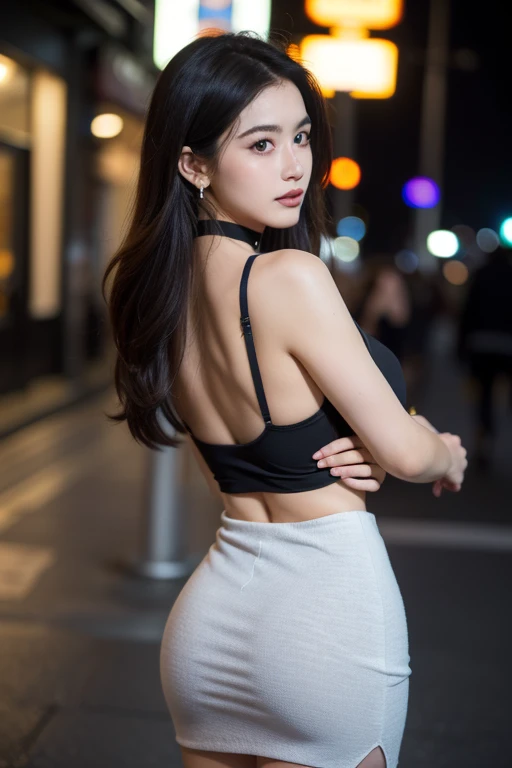 (8K,highest quality, masterpiece:1.4), ultra high resolution, (1 girl), beautiful face, (realistic face), (black hair, beautiful hairstyle, (smile), smile, realistic目, luster, highlight, highlight in the Eyes, Beautiful eyes in every detail, (realistic skin), beautiful skin, Transparency,cute,fine eyes, leather bandeau bikini, I can see the cleavage, wearing a miniskirt, mini pleated skirt skirt, sexy, belly button, mini skirt, camel toe, With cat ears, ((turn your arms behind your back)),(hands behind),looking at the viewer, (super Bokeh noon city center:1.25), Bokeh, noon, sunny, traffic light, road signs, professional lighting, detailed lighting, detailed shadow,photon mapping, Physically based rendering,Backlight, Depth of the bounds written, Natural light, hard focus, professional photography, Sony α9 II ミラーレスカメラで撮影,detailed lighting, (realistic, photo-realistic:1.48),(Raw photo:1.4),(fine hair, realistic hair, realistic lighting, realistic shadow, realistic outfit), realistic skin, realistic eyes, realistic reflection of light from above,K-POPアイドル,