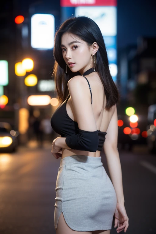 1girl,solo,long hair,Rough skin,(looking at viewer:1.2),wet hair,micro_shorts,dark,polaroid,(depth_of_field:1.5),rainy days,outdoors,street,hair between eyes,moody lighting,Tyndall effect,Cinematic Lighting,night,lamppost,lens flare,available light,rim light,glowing neon lights,curvy,chinese_style,