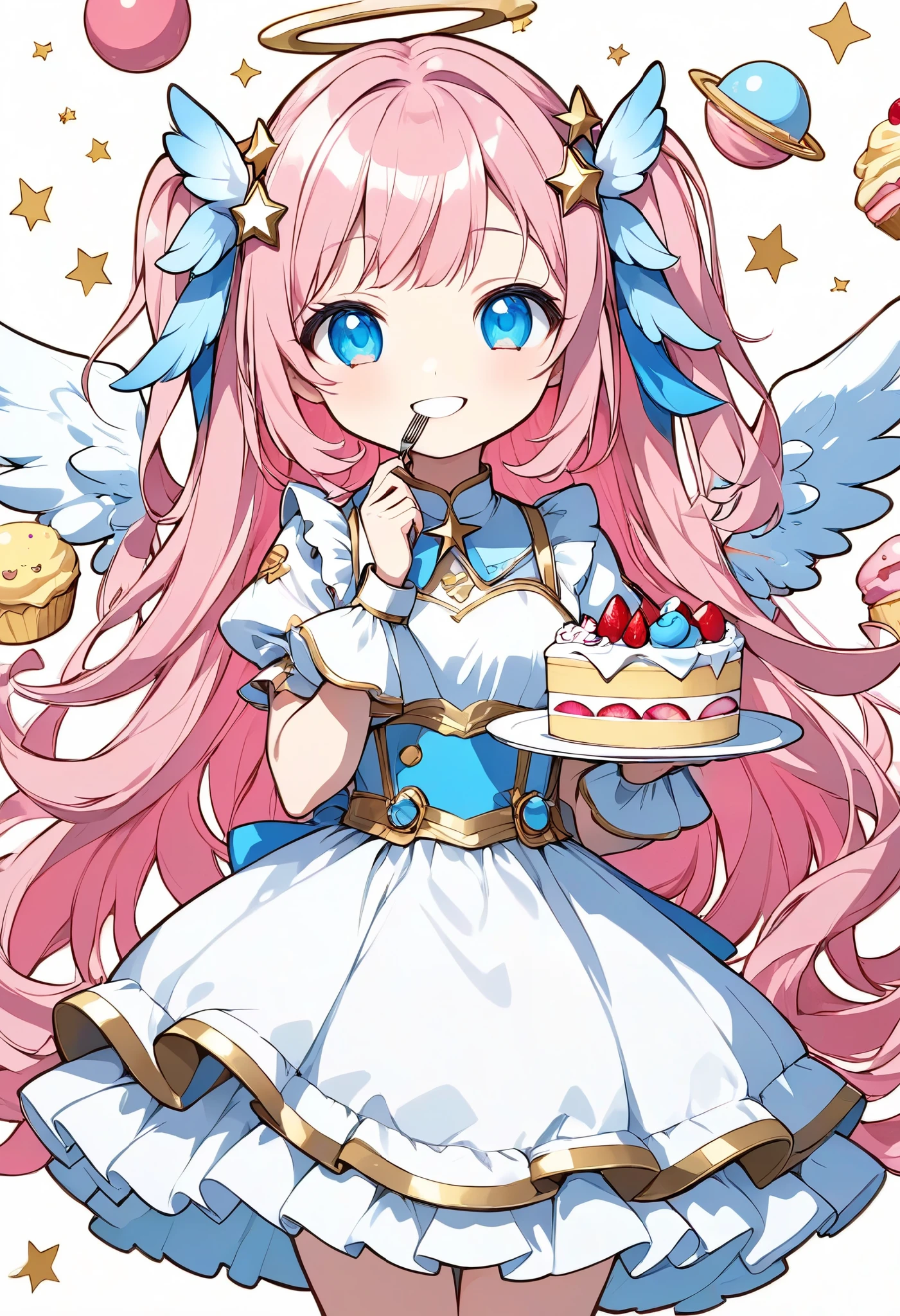 pop Art,Etching,best quality,highly detailed,chibi style,1girl,long pink hair,white and blue angelic outfit,small wings,holding cake and fork,smiling happily,celestial hair ornament,white background,playful mood,simple and cute design,bright and cheerful atmosphere
