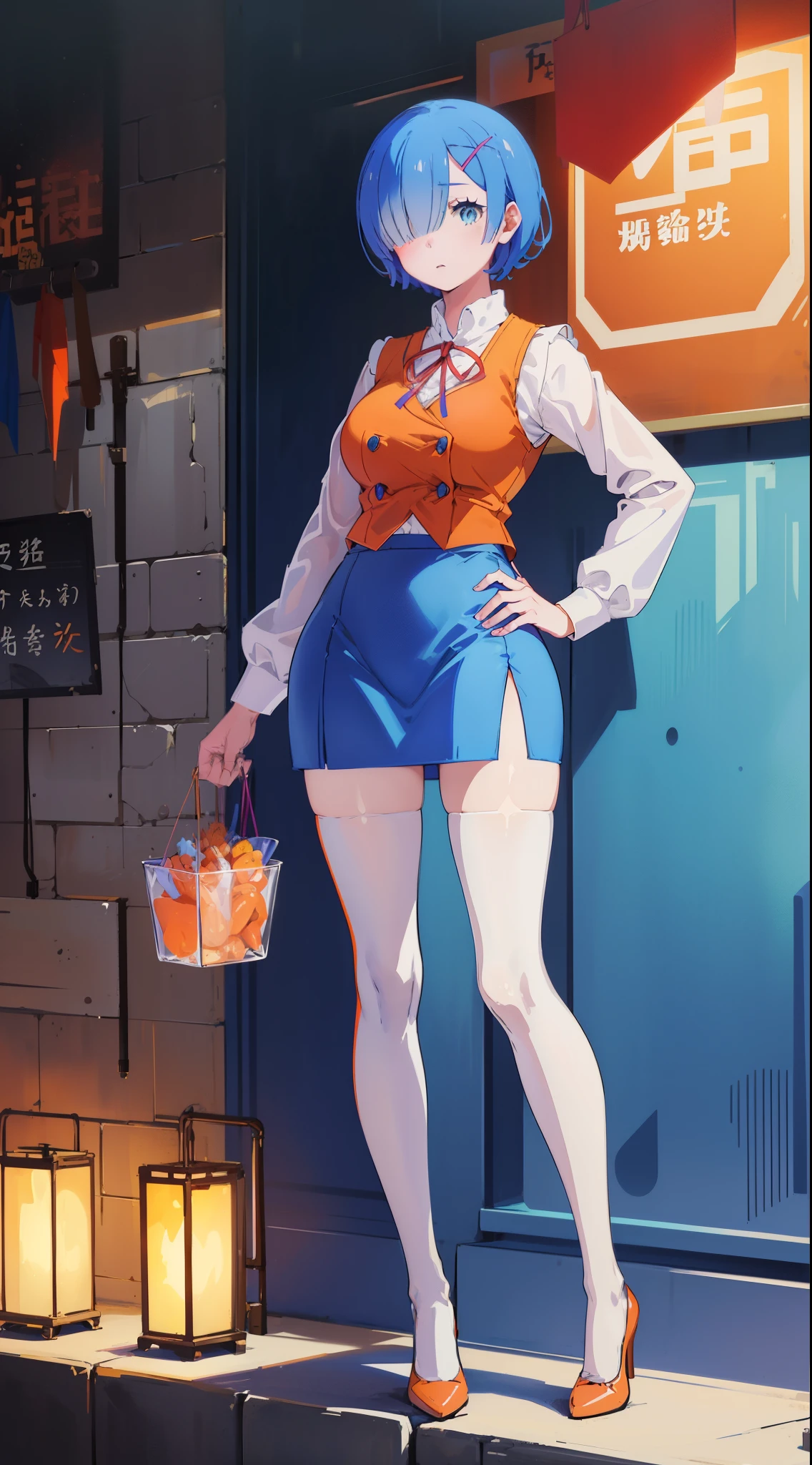 Acme Face、Random pose、short hair、Blue Hair、、hair over one eye、、nsfw、Highest quality、1 girl、Alone、、Sexy pose、、
BREAK (office lady uniform:1.3), (wear an light-orange cummer vest over a long sleeve white collared-shirt with blue ribbon:1.4), (double-breasted on light-orange cummer vest:1.4), (blue ribbon on neck:1.2), (tight light-orange pencil skirt:1.3), (light-orange skirt), (natural beige pantyhose:1.3), (pumps with heels:1.2),