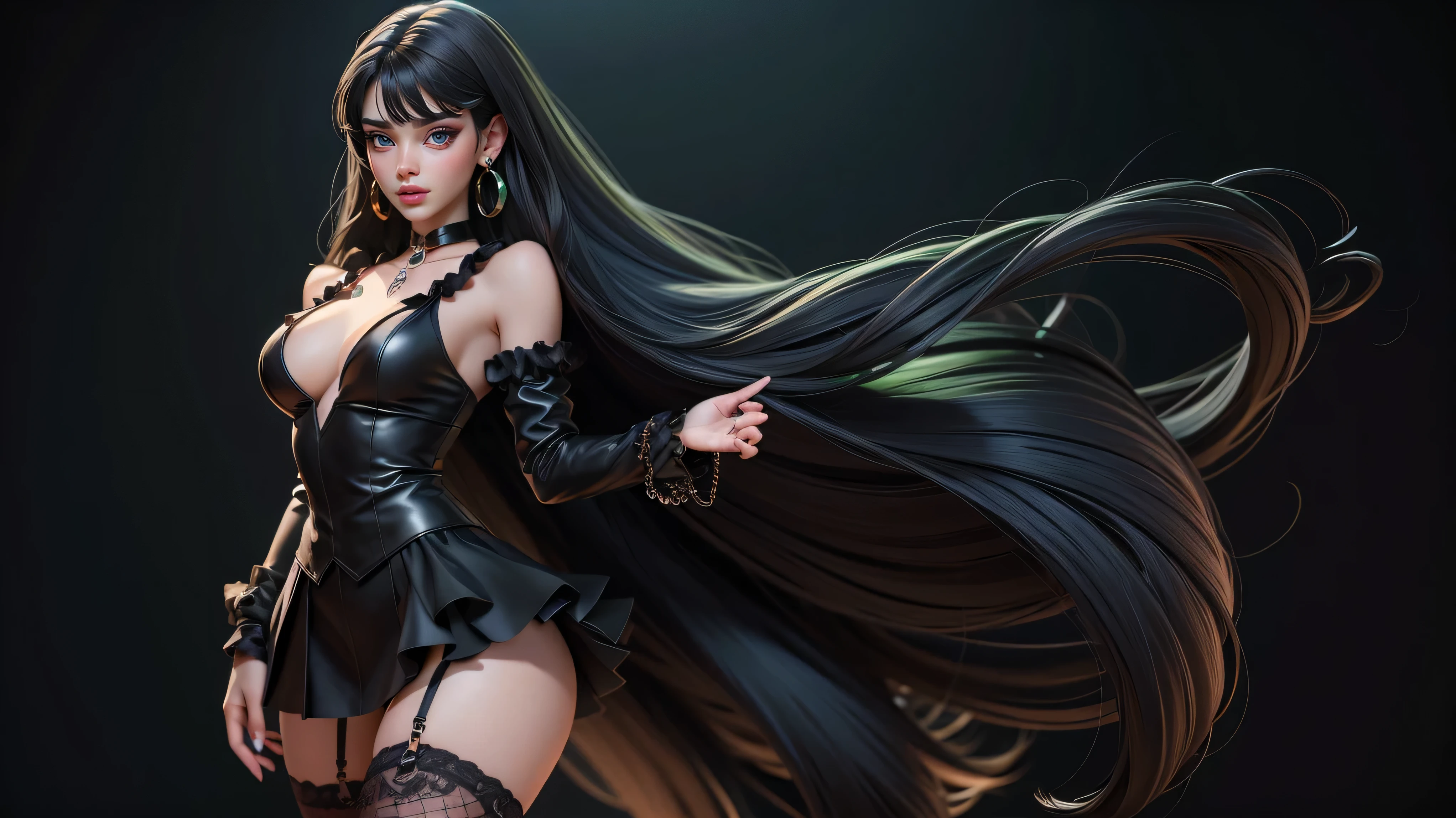 Best quality, 3d rendering work, 3DMM style, Close-up, Portrait,3D, 1girll, only, Black hair, earrings, looking at the camera, Realistic, Thin hips, Full body, thigh to head shot, ((sexy)), ((goth)), (panties), standing in front of a nightclub, city street, bangs, looks away, Long straight black hair, full lips, choker necklace, Makeup, (Green eyes), Tifa Lockhart, (round breasts, full breasts), (Medium breasts: 1.1)