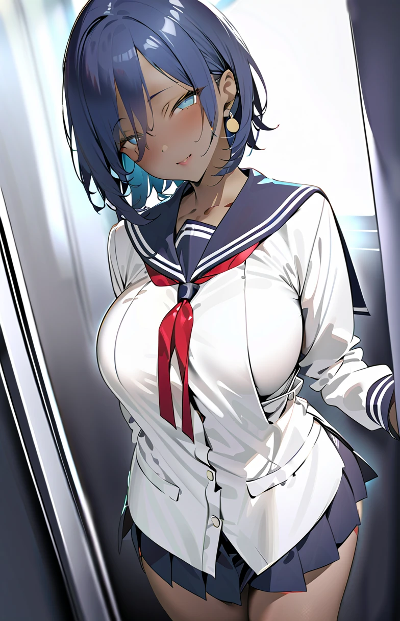 ( top quality、masterpiece:1.2, mature woman ),( dark-skinned woman)、Alone,( Big Breasts ),Dark navy blue hair,  short hair to be shouldered、( sailor suit 、 white shirt、 pleated skirt)、 Light Blue Eyes ,  sharp eye、 gold earrings, looking at camera、(Savage look、Lewd smile)