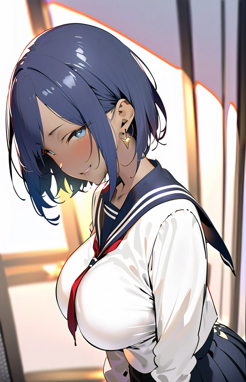 ( top quality、masterpiece:1.2, mature woman ),( dark-skinned woman)、Alone,( Big Breasts ),Dark navy blue hair,  short hair to be shouldered、( sailor suit 、 white shirt、 pleated skirt)、 Light Blue Eyes ,  sharp eye、 gold earrings, looking at camera、(Savage look、Lewd smile)