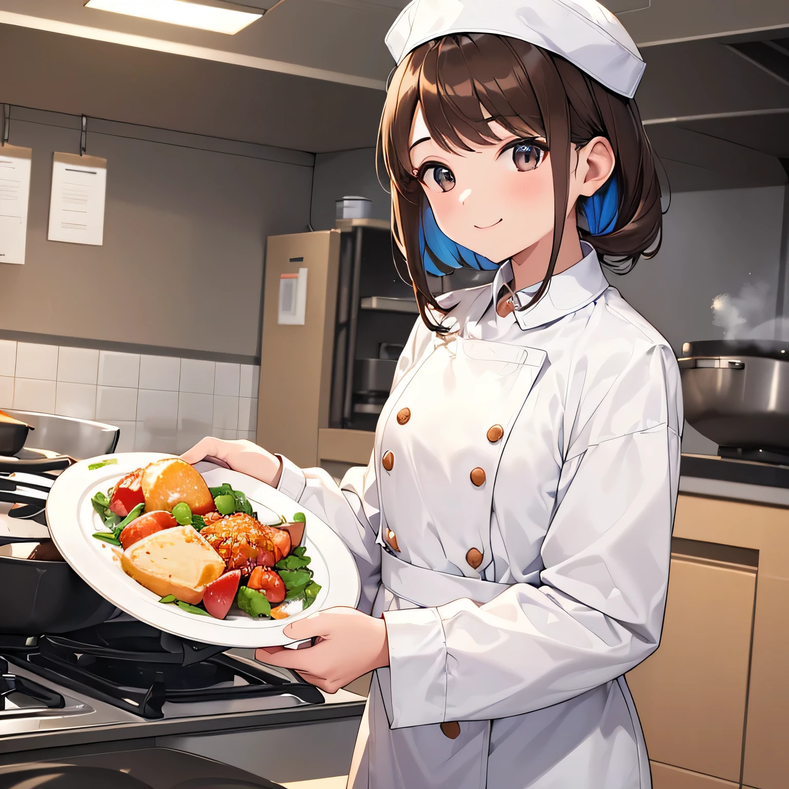 Best Picture, Best Quality, 1080p, 8K, Masterpiece, First Class, (perfect face), factory, (Asian cook), 1 person, female, (brown hair), 20 years old, (frontal (), full body, small chest, ((white top and bottom long sleeve cooking outfit with closed collar)), white buttons, white pants, (white cooking head cap), (horizontal employee ID card in clear case), (holding colorful (plate of delicious looking food) with both hands at chest level), steam, mouth wide open, big smile.