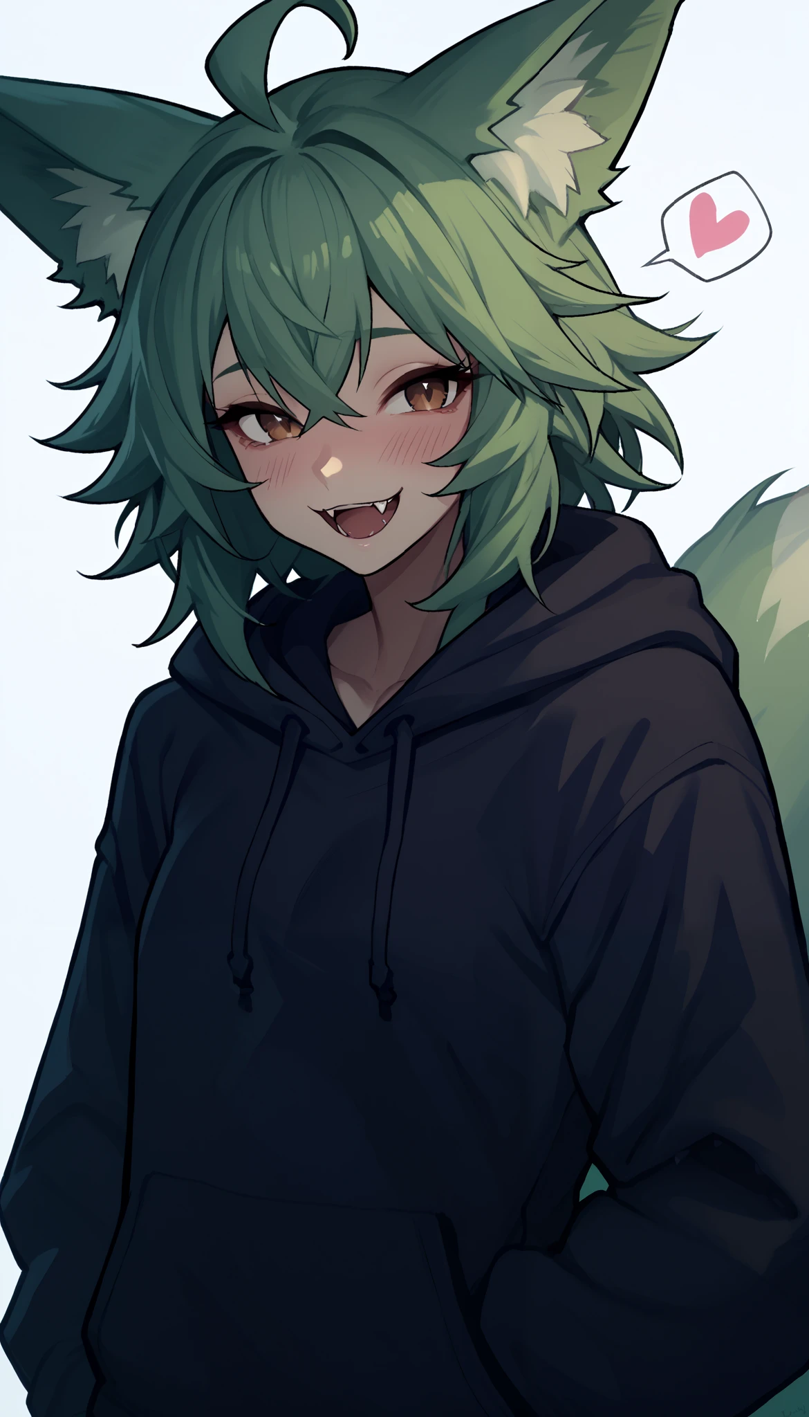 score_9, score_8_up, 1girl, <lora:NSCarolineStardew:1> NSCarolineStardew, Green hair, green eyes, low twintails, short hair, mature, fangs, wolf girl, fluffy tail, happy, tongue out, denim vest, sleeveless, blush, white background, full body shot, squatting, looking at the viewer, from above