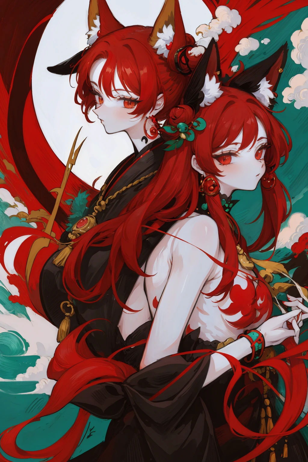  kittsune girl with a fox tail and drooping ears, blind, with red and red hair ,  similar to Ozaki Koe from the Great Stray Dogs , graceful, graceful,  with a careless bun and earrings on her ears ,  Without human ears ,  with a beautiful black and turquoise and white kimono .