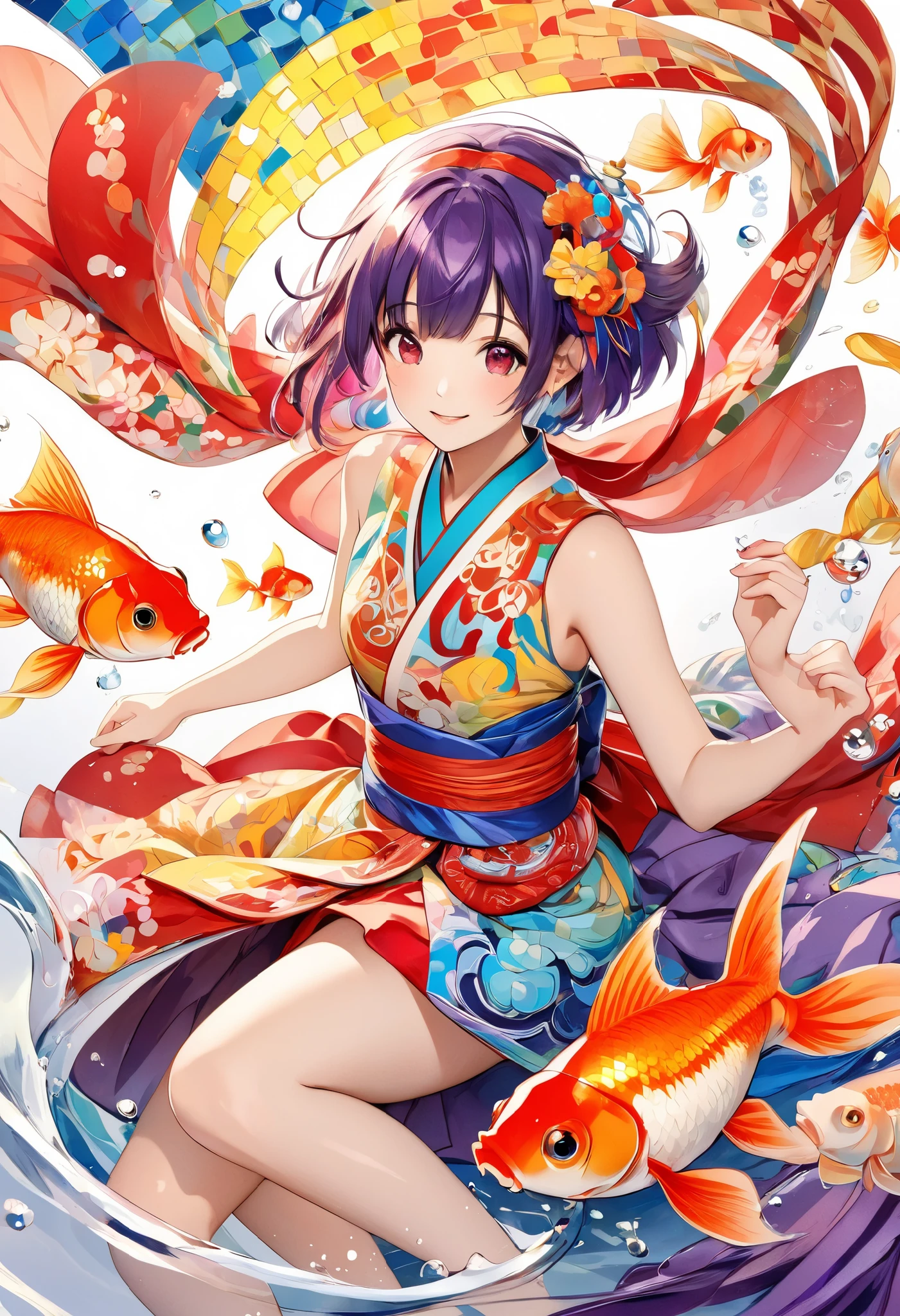 Fauvism,Mosaic,best quality,highly detailed,1girl,short purple hair,red eyes,kagura outfit,flowing ribbons,traditional accessories,kagura bell,goldfish swimming around,playful expression,dynamic pose,white background,vibrant colors,festival theme,ornate details,light and energetic atmosphere
