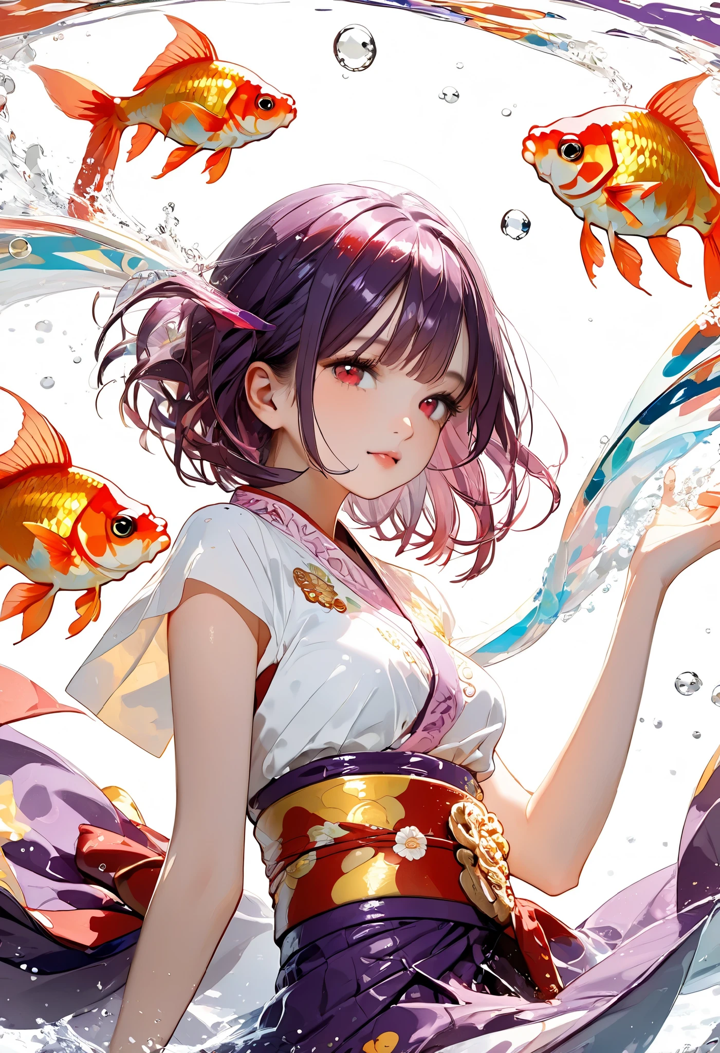 Fauvism,Mosaic,best quality,highly detailed,1girl,short purple hair,red eyes,kagura outfit,flowing ribbons,traditional accessories,kagura bell,goldfish swimming around,playful expression,dynamic pose,white background,vibrant colors,festival theme,ornate details,light and energetic atmosphere
