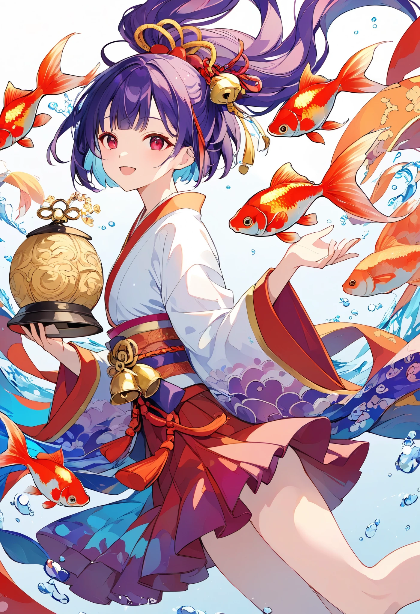 Fauvism,Mosaic,best quality,highly detailed,1girl,short purple hair,red eyes,kagura outfit,flowing ribbons,traditional accessories,kagura bell,goldfish swimming around,playful expression,dynamic pose,white background,vibrant colors,festival theme,ornate details,light and energetic atmosphere
