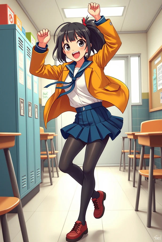 1girl, short hair, brown hair, brown eyes, smile, open mouth, orange sailor school uniform, short sleeves, bike shorts, armored legwar, arms behind head, arched back, fingerless gloves, indoors, classroom  <lora:Wakaba XL:1> anime screencap, score_9, score_8_up, score_7_up, score_6_up, score_5_up, score_4_up, BREAK source_anime, masterpiece