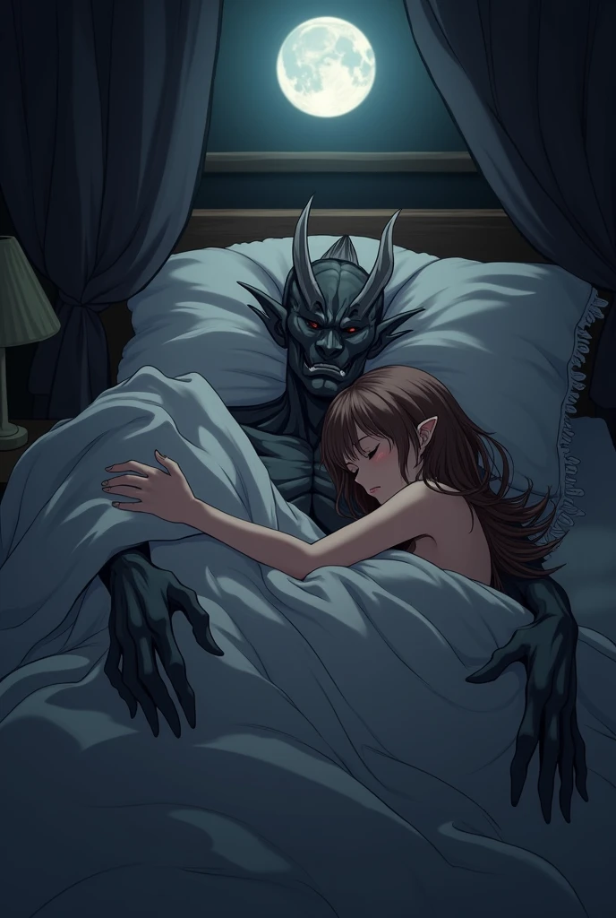 ((Highest quality)), ((masterpiece)), (detailed), (Perfect Face)、The woman is sleeping naked in bed with a man. She is Princess Leona with light brown, medium-long hair, and is sleeping hugging the man, who is a dignified demon lord of an evil organization.、Women are brainwashed, expressionless, and have no highlights in their eyes.、The woman is sleeping, held close by the powerful demon king of an evil organization.、A powerful demon king of an evil organization is sleeping on a luxurious bed, hugging a woman.