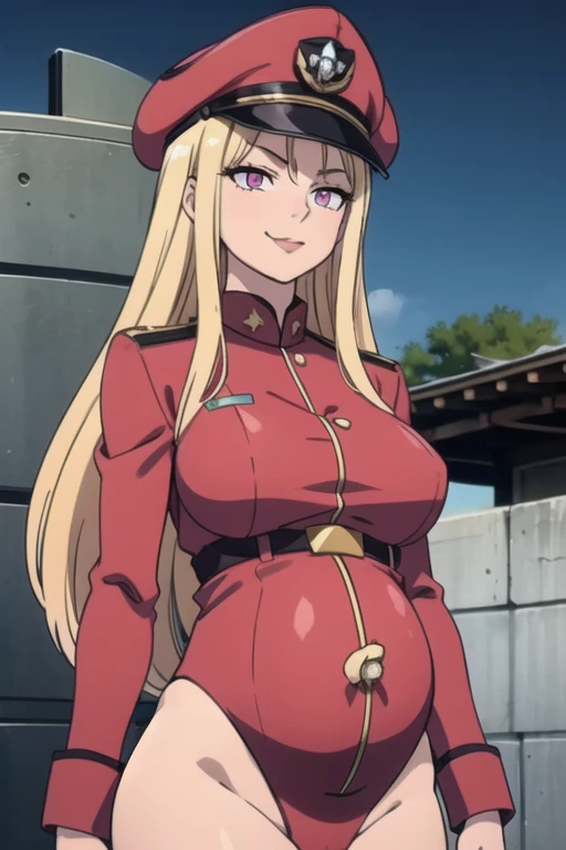 Selene, ftselenecas, long hair, blonde hair, pink eyes, mature female, large breasts, military girl, leotard, long sleeves, belt, military hat, peaked cap, calm smile, pregnant