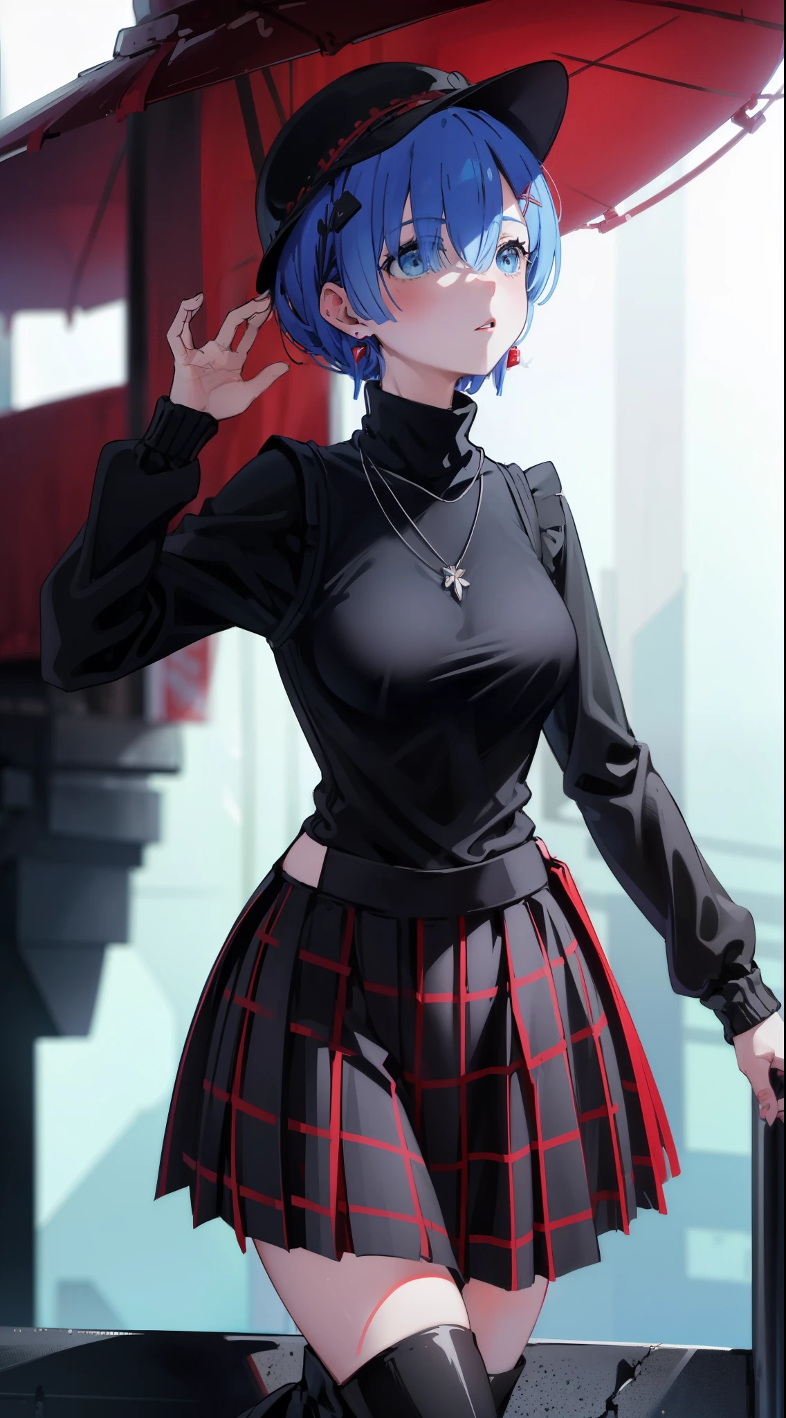 Acme Face、Random pose、short hair、Blue Hair、、hair over one eye、、nsfw、Highest quality、1 girl、Alone、、Sexy pose、、
BREAK (black theme:1.4), (fit body:1.3), (tight long sleeve and turtleneck (black sweater):1.4), (black heeled boots with lace-up:1.1),
BREAK (black and red theme:1.3), ((red) high-waisted ((maxi length skirt, very long A line skirt):1.2) with [plaid pattern]:1.4), ((black) bucket hat:1.4),
BREAK ((earrings, necklace):1.2),