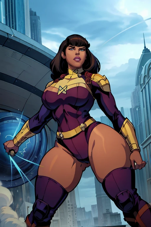 brown hair, brown skin, skinny,zendaya, grey dress, looking at camera, from below, upskirt, cameltoe, smile, sexy face, comic style, comic colored