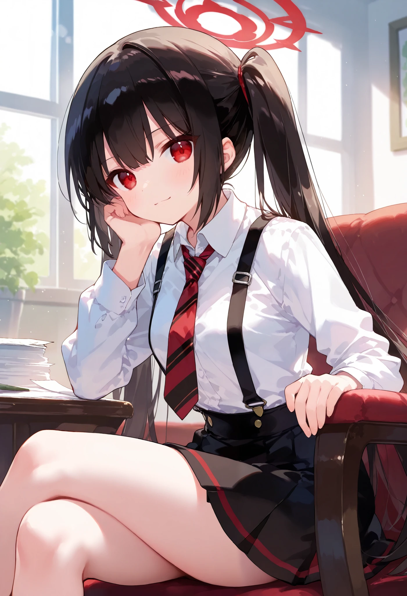 Noir,Paper Cutting,best quality,highly detailed,1girl,long black hair,red eyes,white shirt,black suspender skirt,striped tie,relaxed pose,head resting on hand,crossed legs,bright window light,minimalistic room,red halo symbol,soft shadows,mysterious atmosphere,clean composition
