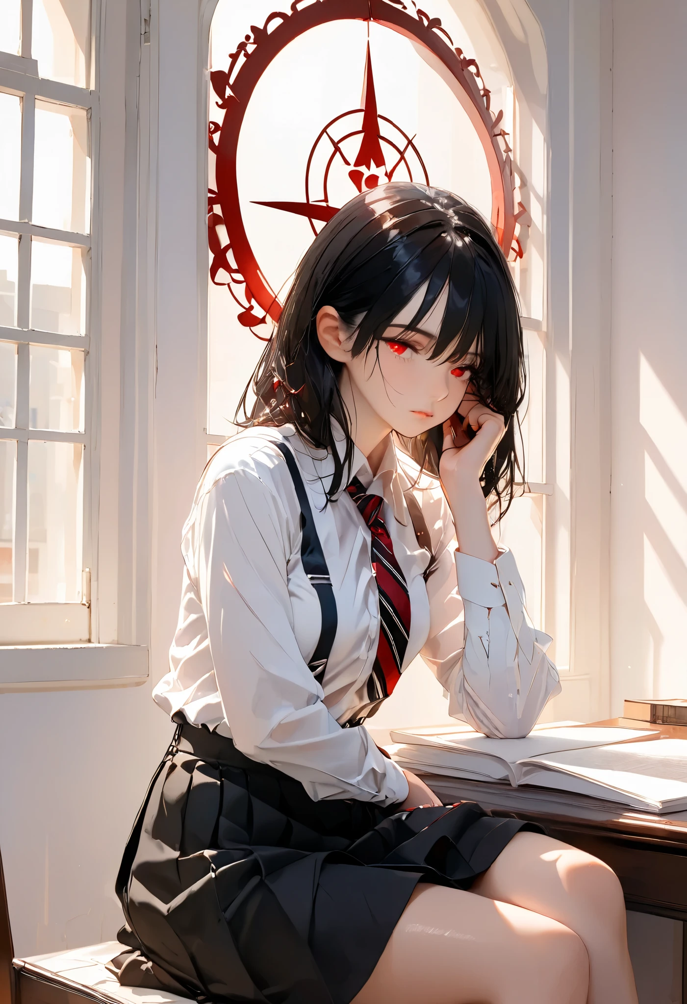 Noir,Paper Cutting,best quality,highly detailed,1girl,long black hair,red eyes,white shirt,black suspender skirt,striped tie,relaxed pose,head resting on hand,crossed legs,bright window light,minimalistic room,red halo symbol,soft shadows,mysterious atmosphere,clean composition
