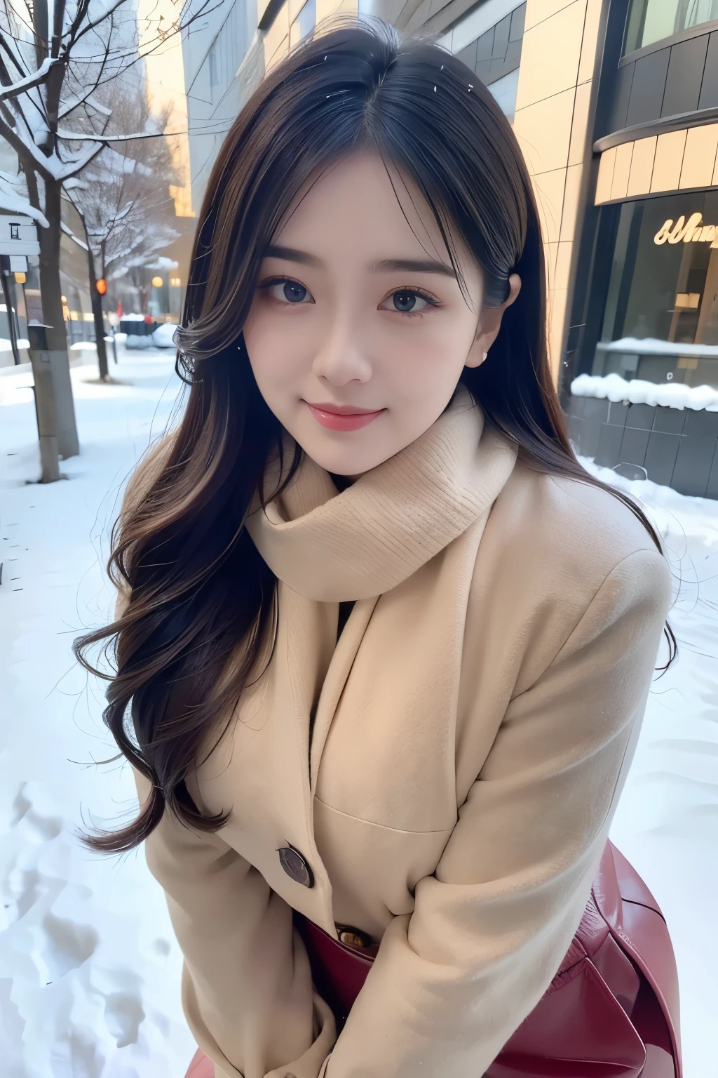 (Wore a winter uniform and scarf coat、 Close-up portrait of a girl with long hair and dull bangs:1.5)、(one person*** wearing a winter uniform and scarf coat spreads her arms and has a shy smile :1.5)、Age 25、( Christmas decorations on a street corner on a snowy winter night :1.5)、(perfect anatomy:1.3)、( completely up to your fingertips :1.3)、Photographically、photo shoot、masterpiece、top-quality、 high definition , Delicate and beautiful、 perfect face、 Beautiful detailed eyes 、 white skin、 Real Human Skin、pores、((Thin legs))、( dark haired)、 Realism, 8k full body portrait, Beautiful Women, attractive expression, 20 years old, Tokyo Eight Cities , Winters, Shibuya Background, Fantasia de Cena de Inverno , Senior Artist , Santa Claus's Workshop , , , A Snowy Winter Christmas Eve ,, City Hut , beautiful artist rendering, !!beautiful!!, The bangs don't hang over the forehead、(
slicked back hair),