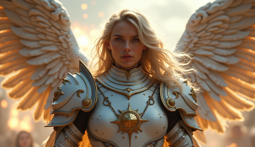 A very beautiful angel clad in ancient Greek-style bronze armor, blue sky, With a medieval European church in the background, Cinematic lighting