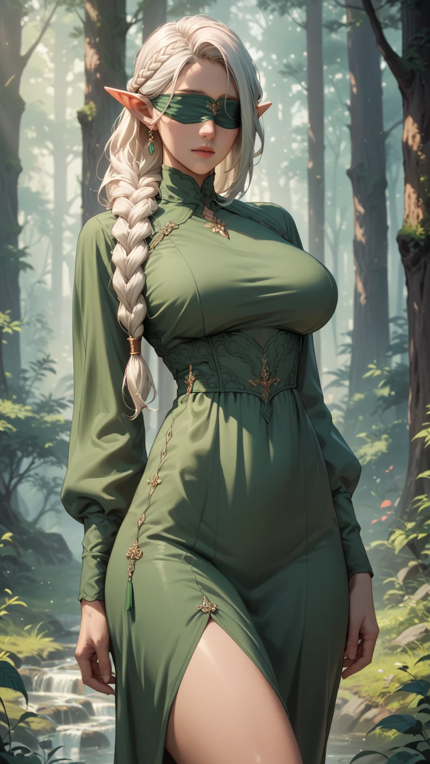 woman, ((Masterpiece, best quality)), full body view, bursting huge breasts, detailed skin, Anna from Frozen as a forest ranger, on a path in the forest, glowing eyes from the bushes, Elegant ranger outfit, highly detailed, cinematic lighting, ultra realistic, blush, looking at viewer, anna, anna from movie Frozen.