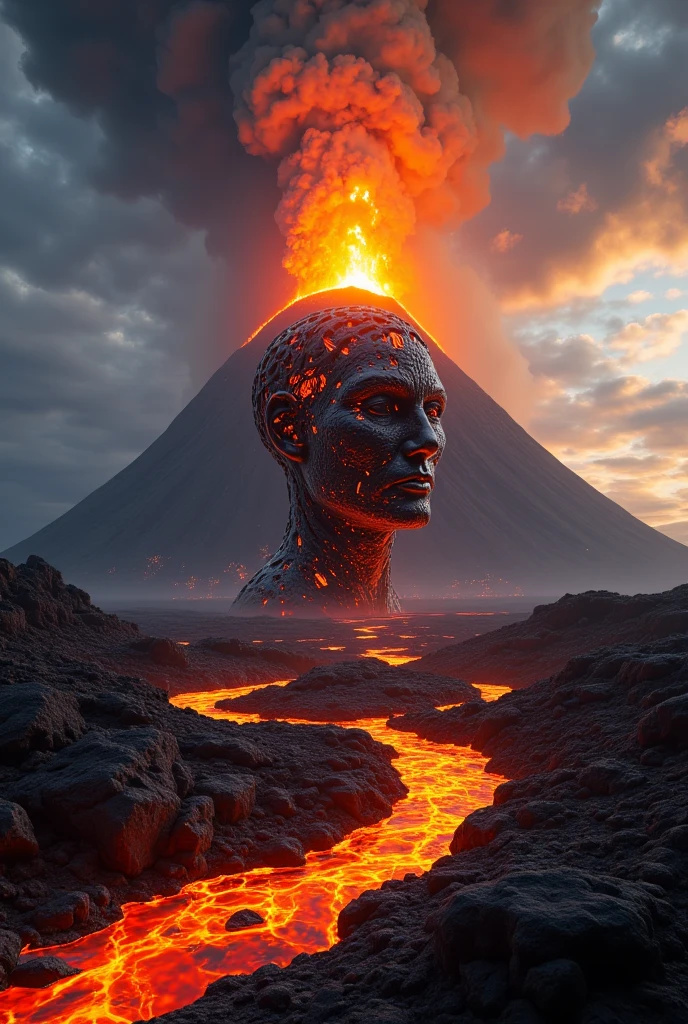 View from above: A Arctic Cyber Elves congregation a lava and ash cloud billowing a 3D render of an abstract sculpture of a man’s head (view to camera) made from interconnected black ash perched on the fiery lava flow, dramatic erupting volcano, fiery lava flow, dramatic erupting volcano, fiery lava flow, volumetric fog, dramatic lighting, intense orange glow, Eruption of scattered lava-inspired by indigenous culture in the Mayan civilization