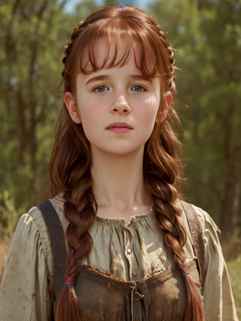 A girl with a rosy, freckled complexion and intricately braided hair, adorned with glass frames, is captured in this 4k, cinematic masterpiece. The backdrop exudes an old-world charm with its black chromatic design, creating an intriguing contrast that highlights the realism and photorealistic texture of the image. The medieval-style setting is further emphasized by the intricate details and authentic textures conveyed in this stunning, high-definition photograph.