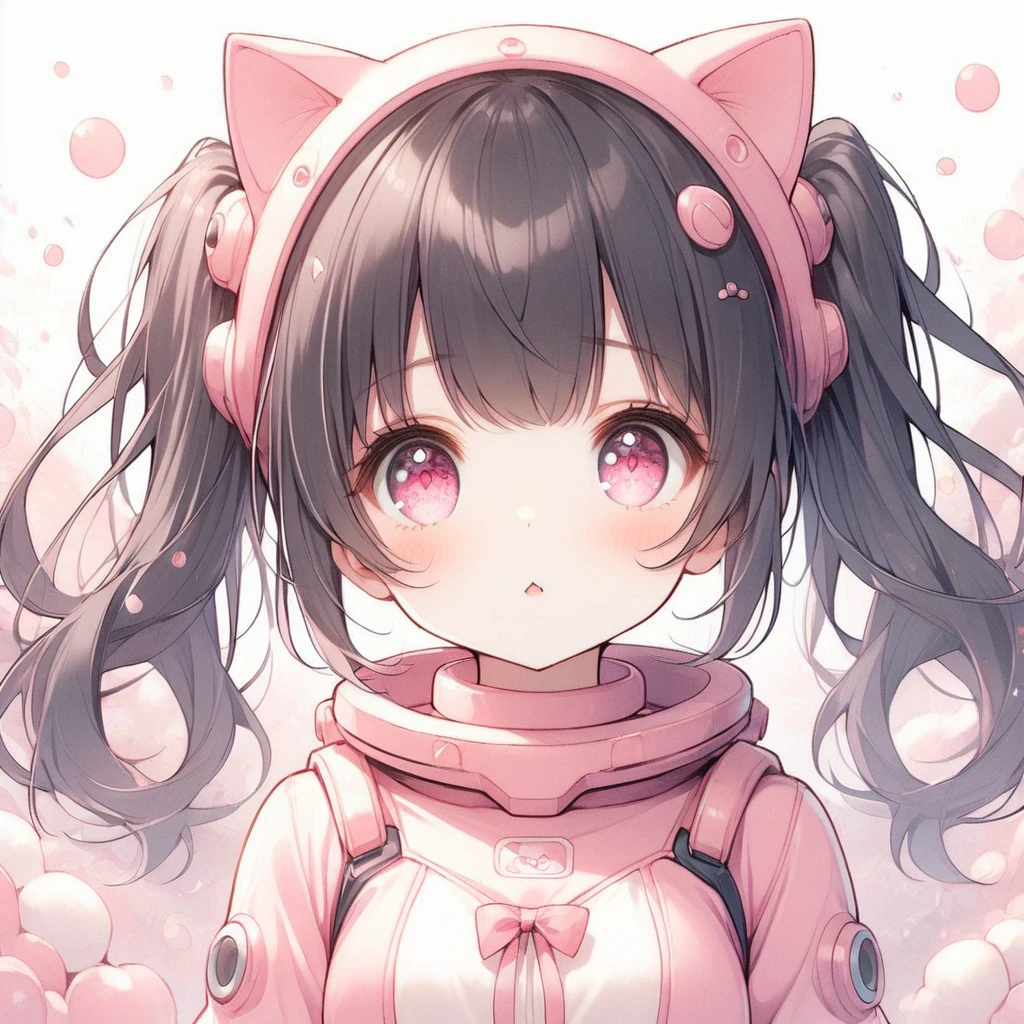  1 girl ,  twin tails,  black hair, Cat ears,  pink eyes, Mine Suit、black and pink clothes