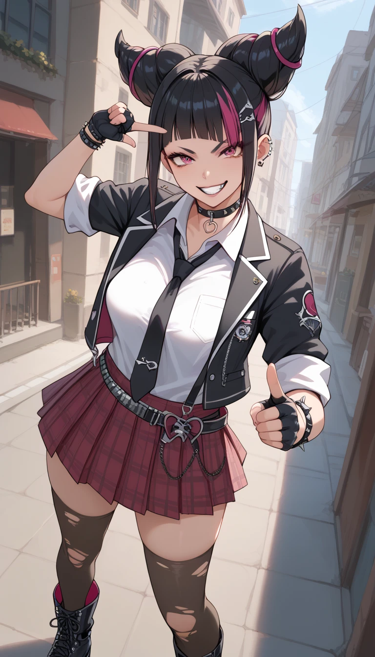 (score_8, score_8_up,masterpiece,highest quality,Perfect Anatomy,Exquisite detailed:1.3),(realistic:0.5),
1 girl, 
hnjr, 
black hair pink hair, streaked hair, hair horns, pink eyes, hair ornament,
outfitschgrl, loose necktie, black necktie, black choker,studded choker,school uniform, open jacket,black jacket, sleeves rolled up,white shirt, collared shirt,studded belt,plaid skirt, miniskirt, pleated skirt, red skirt, torn thighhighs, black thighhighs, fingerless gloves, black gloves, black lips, ear piercing, jewelry, lip piercing, multiple earrings, spiked bracelet, hairclip, suspenders, multiple bracelets, black belt, multiple belts, earclip, black footwear, combat boots, ankle boots,
cute face, busty, 
(evil grin:1.4), 
(finger gun, pointing at viewer),
(street), 