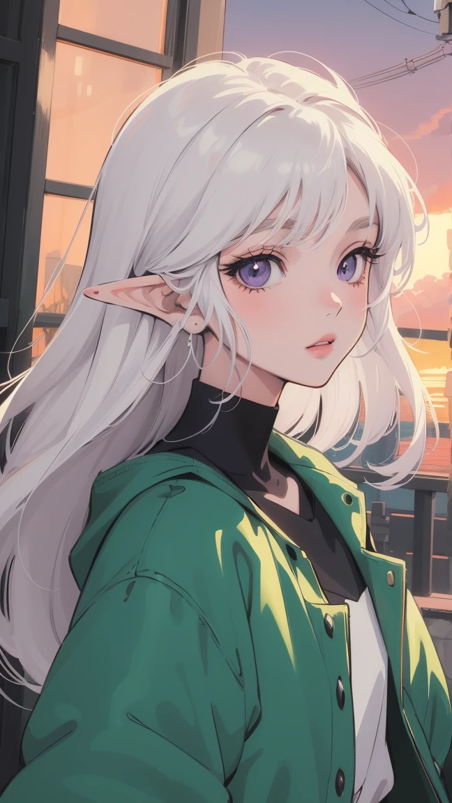 Girl with long hair, white hair, anime aesthetic, anime vibes, lo-fi art style, lo-fi portrait by window, Watching the sunset. Anime, noble girl, anime art wallpaper 4 k, anime art wallpaper 4k, anime art wallpaper 8 k, anime background art, lo-fi color, lo-fi art, anime asthetic, masterpiece , top quality, rainbow style, anime, beautiful asian girl, along hawaiian coast, cute and dreamy, anime, illustrator, lofi girl, blues, landscape, sunset, night , Christmas mood in the streets, 2D style anime, , analog color theme, Ghibli Style, , Tokyo, (girl with white long hair and light purple eyes) elf