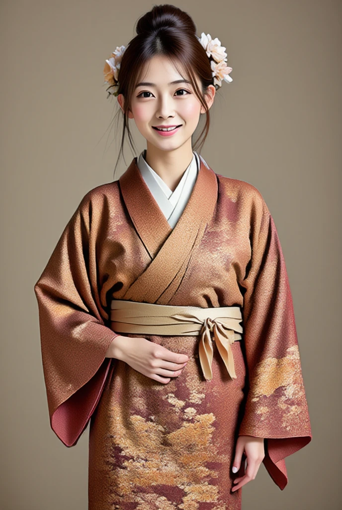 A asian woman is in an elegant japanses printed koso1,white thin sash with knot ,full-body-shoto, smile:1.3