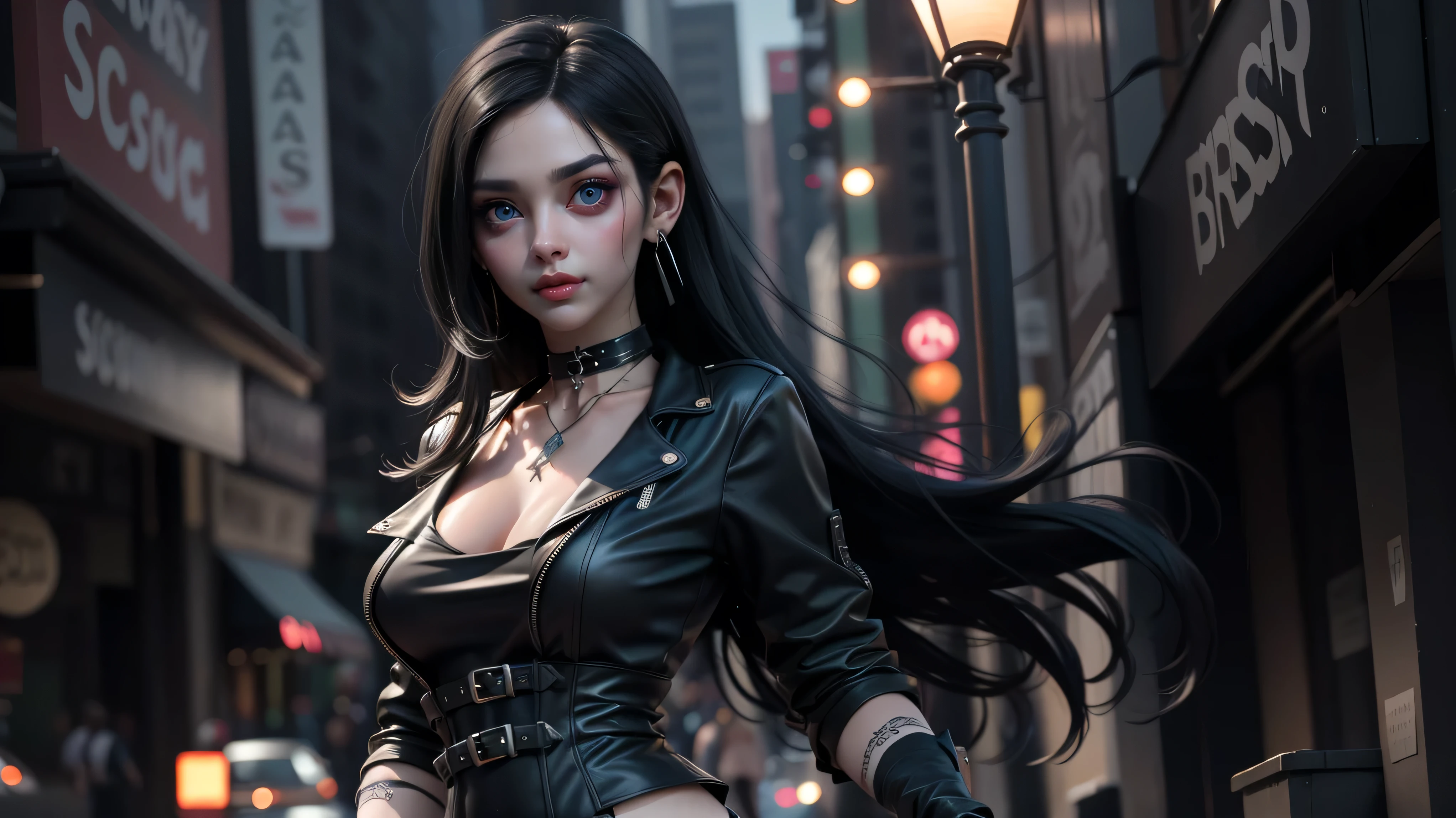 Best quality, 3d rendering work, 3DMM style, Close-up, Portrait,3D, 1girll, only, Black hair, earrings, looking at the camera, Realistic, Thin hips, Full body, thigh to head shot, ((sexy)), ((goth)), (panties), standing in front of a nightclub, city street, bangs, looks away, Long straight black hair, full lips, choker necklace, Makeup, (Green eyes), Tifa Lockhart, (round breasts, full breasts), (Medium breasts: 1.1)