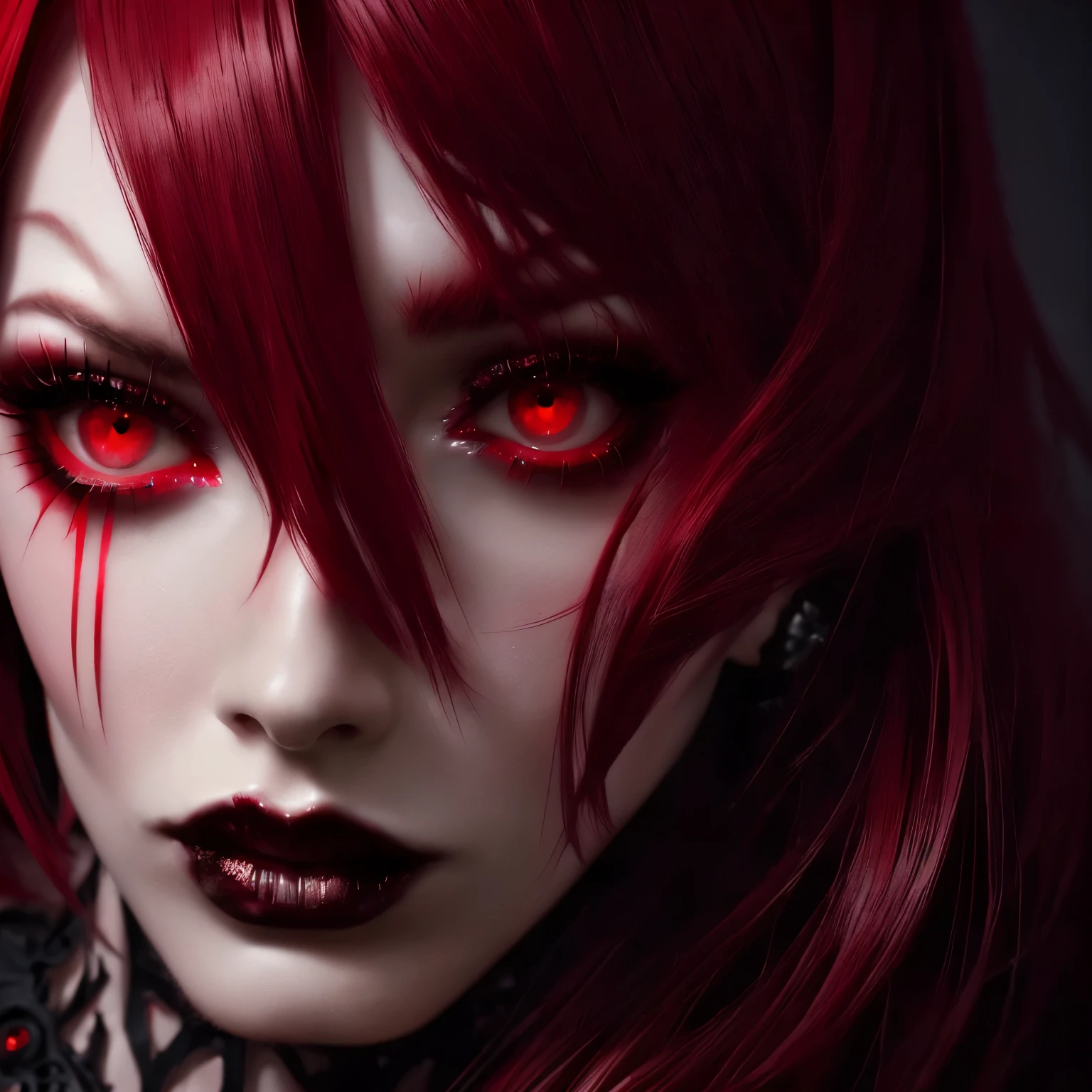 a close up of a woman with red hair and makeup, seductive cyberpunk dark fantasy, gothic face, gothic girl face, crimson red hair and red eyes, gothic horror vibes, gothic fantasy art, vampires fantasy, red - eyed, red-eyed, cute face. dark fantasy, amouranth, gothic makeup, realistic digital art 4 k, realistic digital art 4k